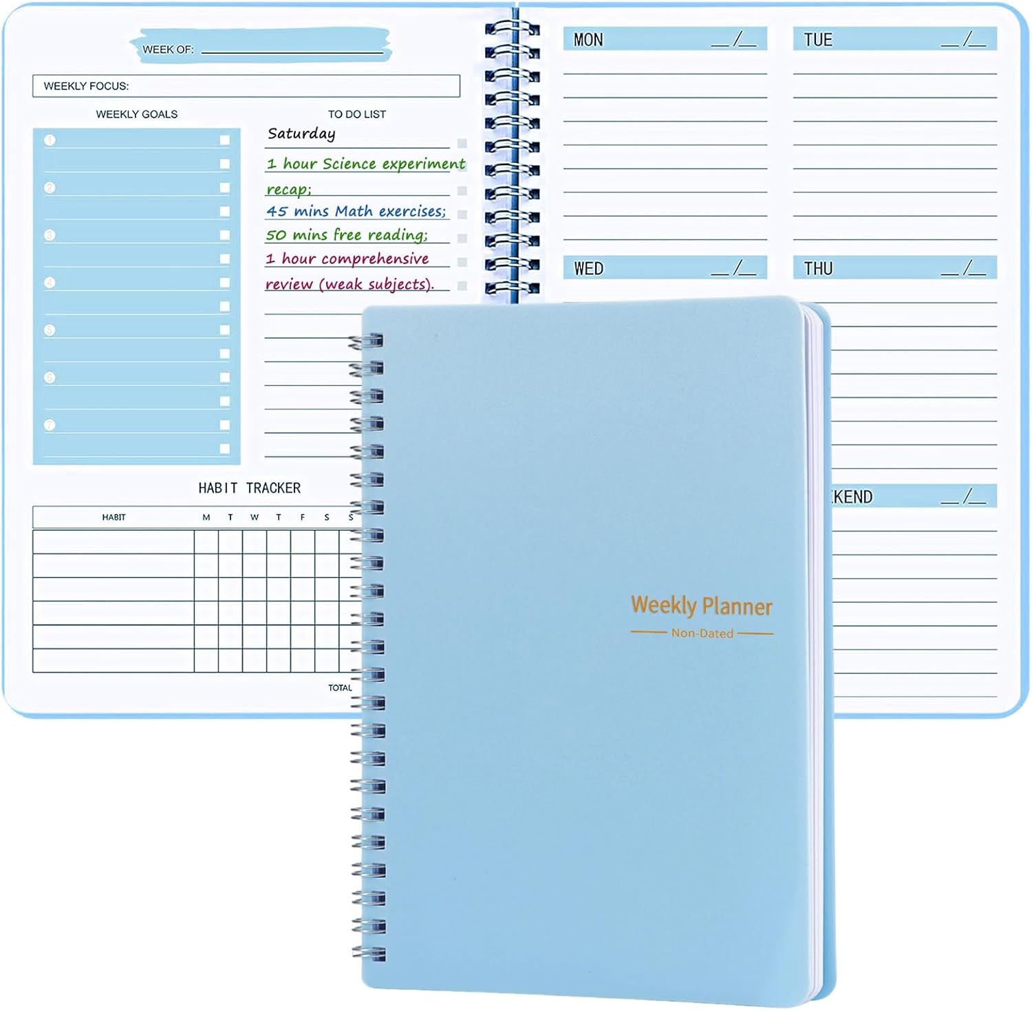 Undated Weekly Planner with Goal & Habit Tracker Notebook, Small A5 To Do List Week Planners Spiral Binding Personal Goal Journal Non Dated Weekly Planner Simple Agenda Planners for Work Kids School