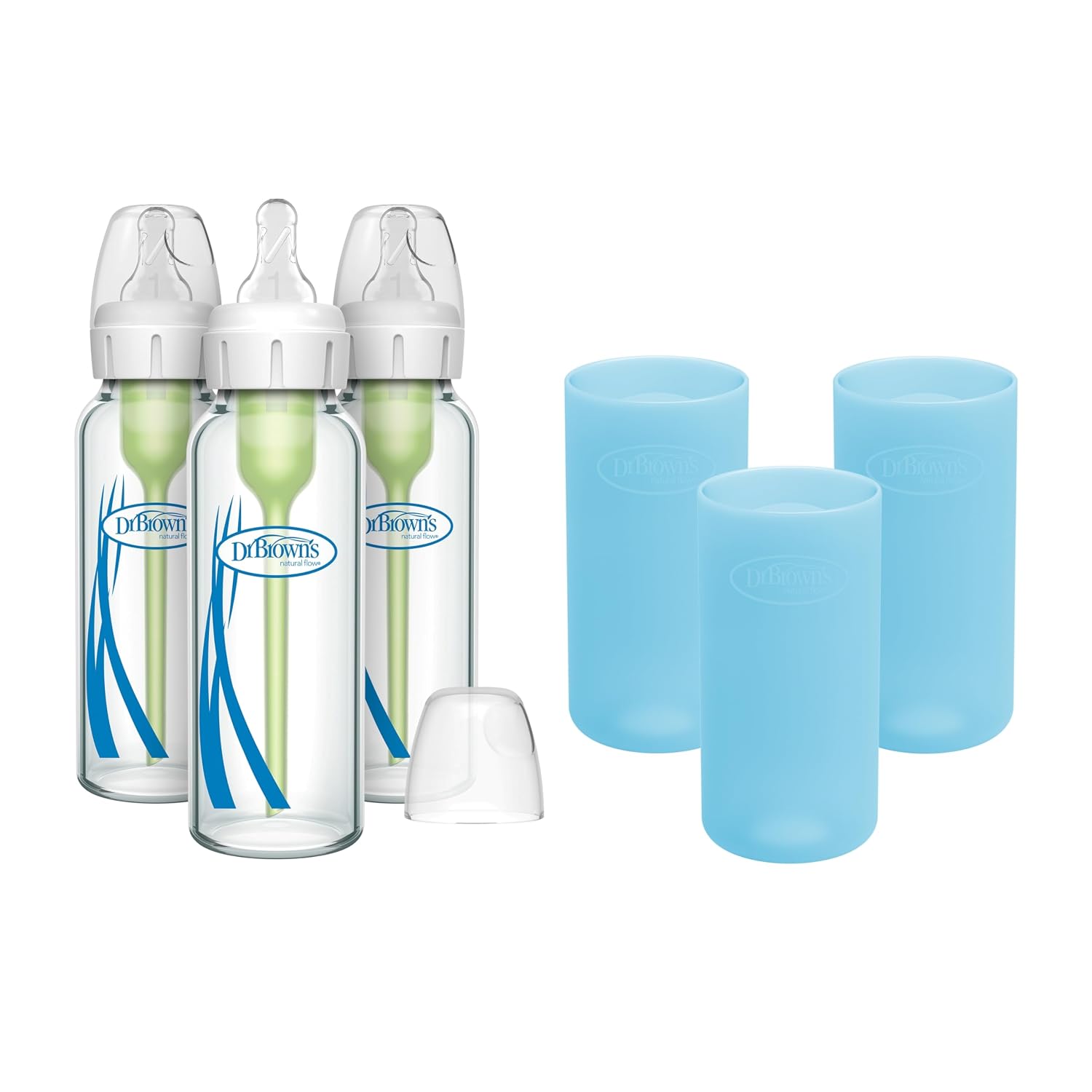 Dr. Brown’s Anti-Colic Options+ Narrow Glass Baby Bottles 8 oz/250 mL, with Level 1 Slow Flow Nipple, 3 Pack 0m+ with Blue 100% Silicone Sleeves, BPA-Free