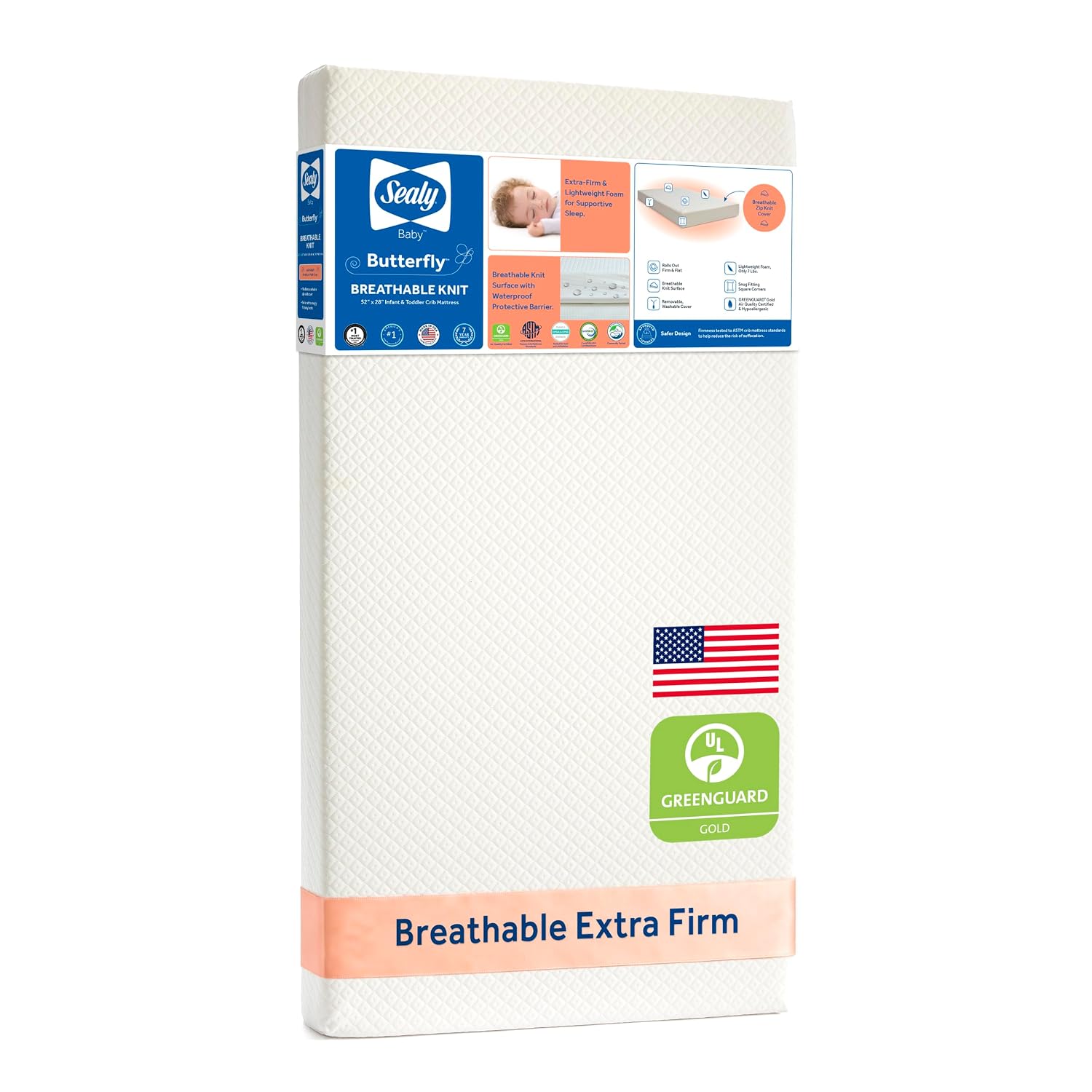 Sealy Baby Infant & Toddler Crib Mattress – Butterfly Knit Premium Foam, Waterproof and Breathable, Non Toxic Washable Zip off Cover, GREENGUARD GOLD Certified, Made in USA, 52×28