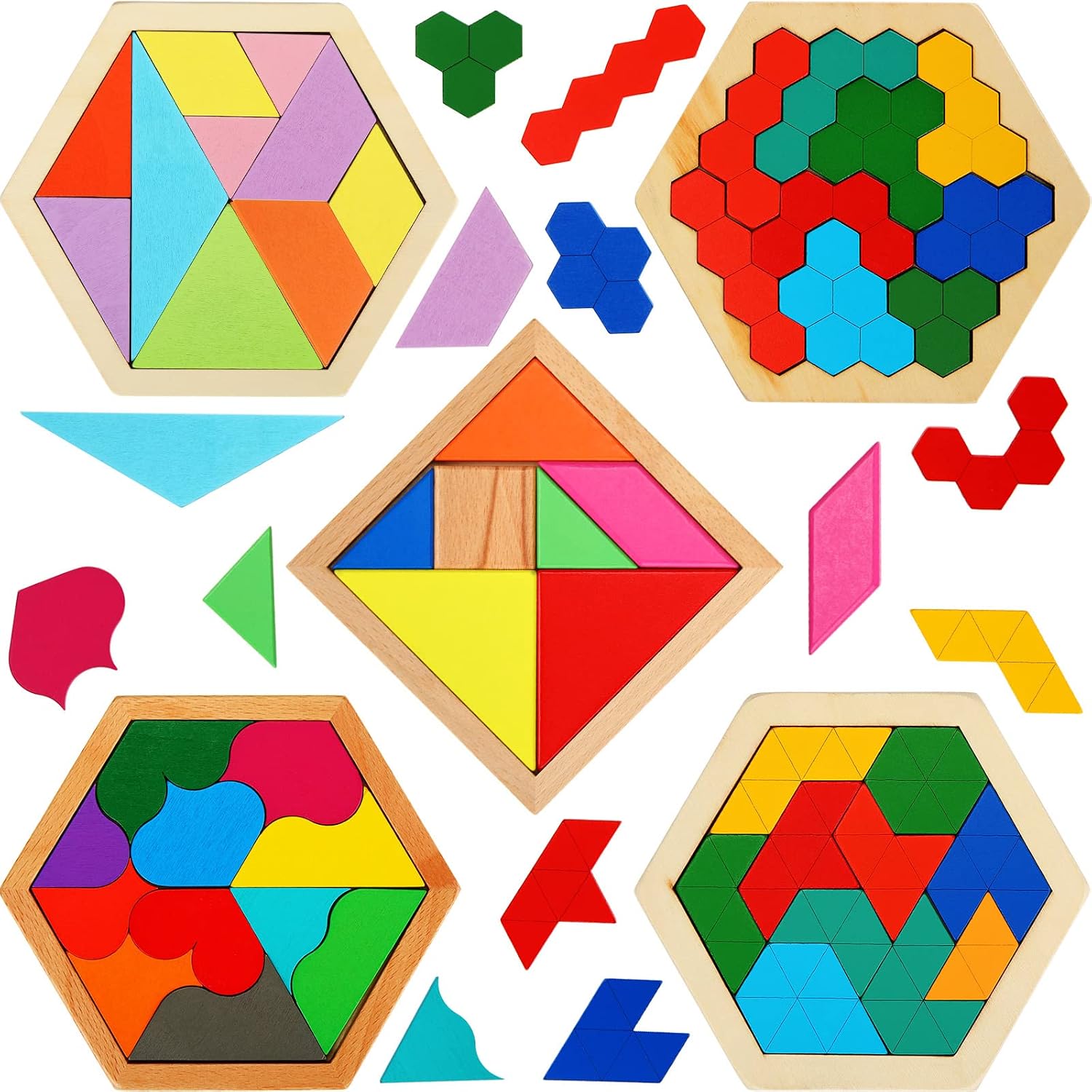 Jerify 5 Pack Wooden Tangram Puzzle for Kids, Brain Teaser Puzzles | Wooden Hexagon Puzzle Block Teaser, Pattern Blocks, Tangram Puzzle, Geometric Shapes Tangram Games, Boys Girls Toddler 1-3