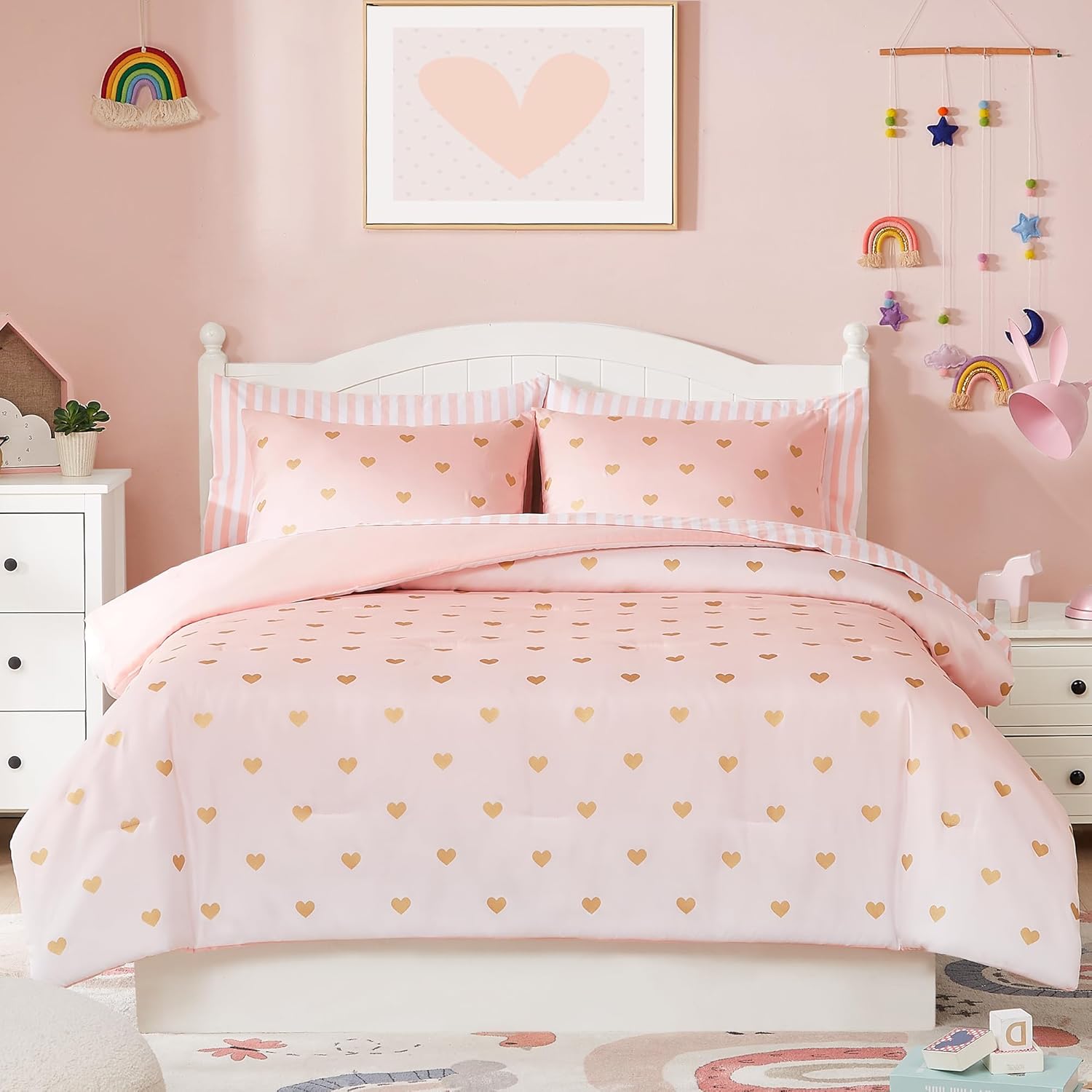 Twin Comforter Set with Sheets for Girls-5 Pieces Twin Bedding Sets | Soft Pink White Gradient Ombre Comforter with Pillowcases & Shams, Heart, 66″ X 86″