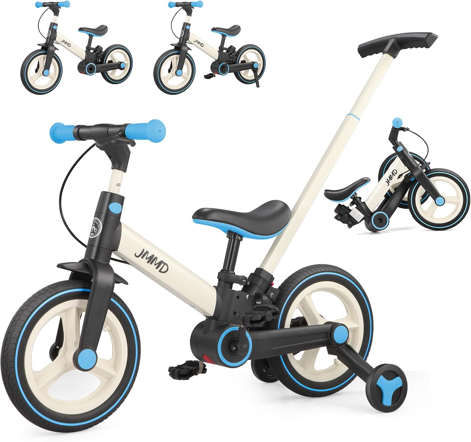 JMMD 6 in 1 Toddler Bike with Push Handle for Kids 18-60 Months, 12″ Foldable Balance Bike with Training Wheels, Pedals, Brakes, Kickstand, Push Tricycle Toddler Gift & Toys for Boy & Girl