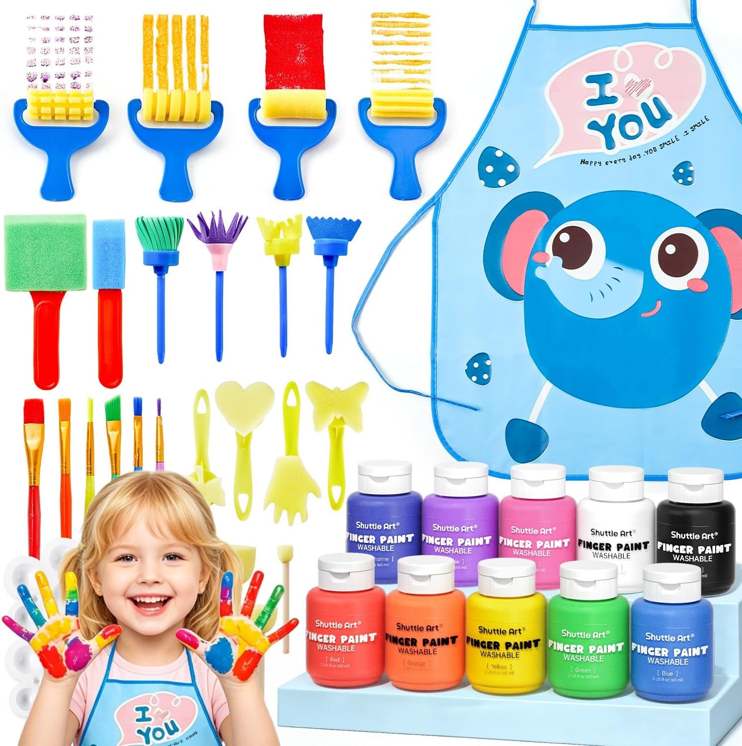 Shuttle Art Washable Finger Paint Set, 37 PCS with 10 Colors (2 fl oz) Non-Toxic Toddler Paint, Paint Brushes, Sponge, Smock, Toddler Art Supplies