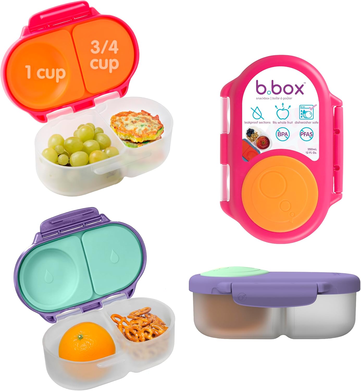 b.box Snack Box 2-Pack, Snack Containers for Kids, 1.75 Cup Kids Lunch Box | Bento Box for Kids, Lunch Containers, Leak Proof, Dishwasher Safe, BPA Free, PFAS Free, Ages 4 Months+ — Strawberry + Lilac