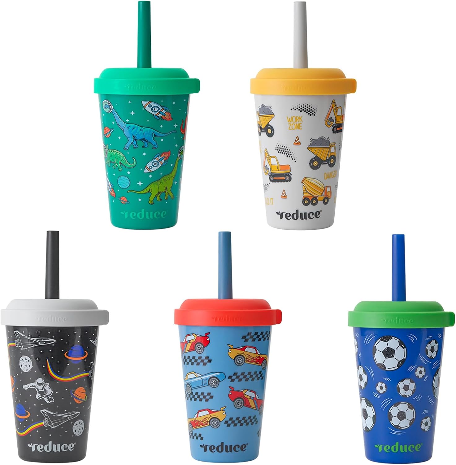 REDUCE GoGo’s Kids 5-Pack 12oz Tubler Cups with Lids & Spill-Proof Straws | Portable, stackable tumblers, twist-on lids, easy storage, dishwasher safe, Play Date