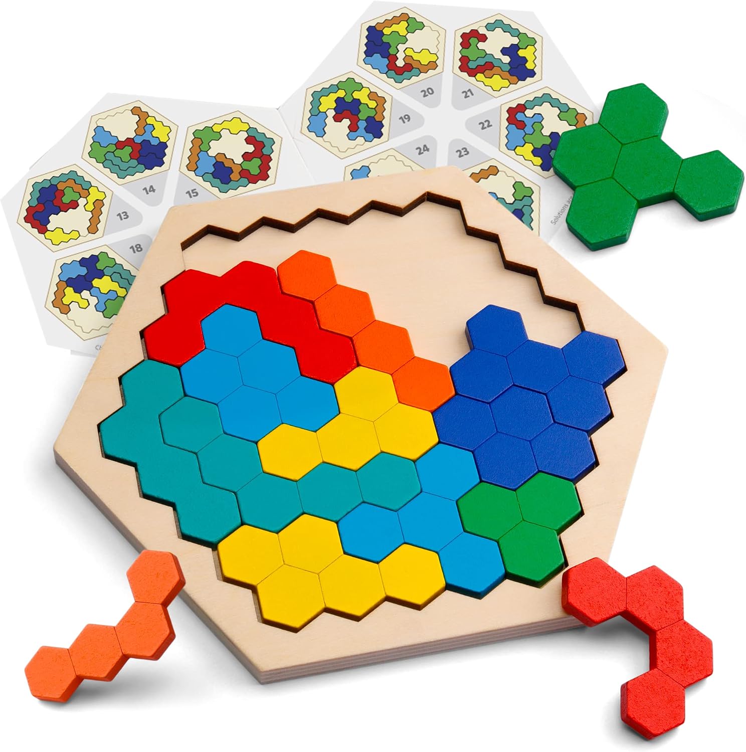 Coogam Wooden Hexagon Puzzle for Kid Adults – Shape Pattern Block Tangram Brain Teaser Toy Geometry Logic IQ Game STEM Montessori Educational Gift for All Ages Challenge