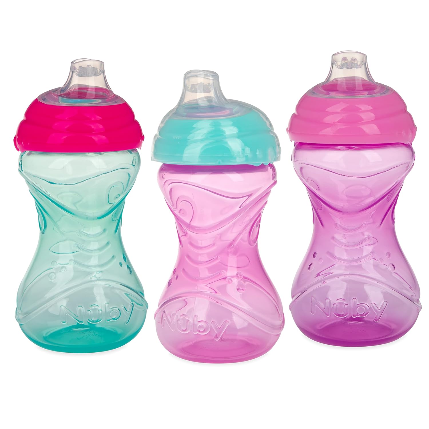 Nuby Clik-It Soft Spout No-Spill Easy Grip Sippy Cup, 10 Oz – 3 Pack | Girls – 6+ Months