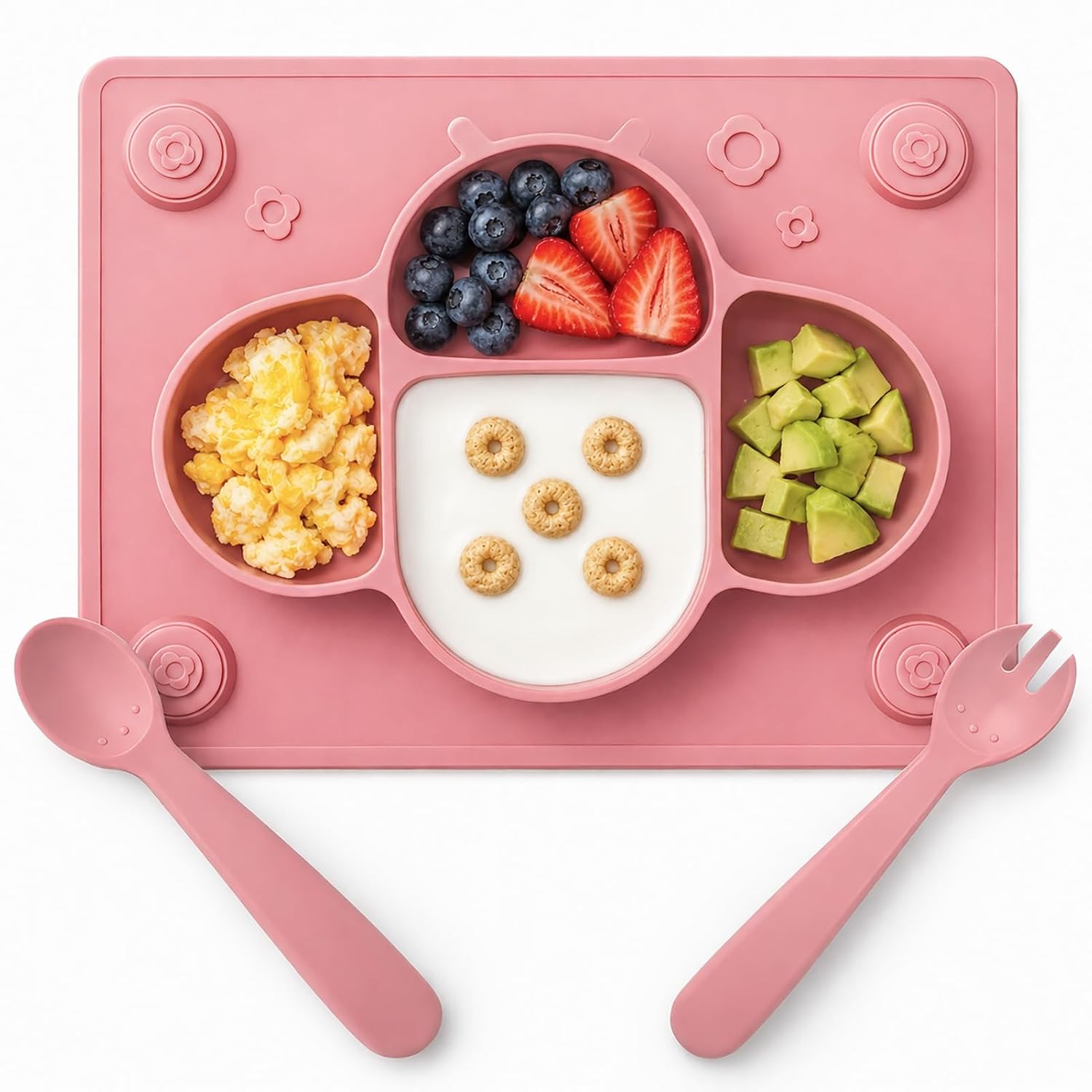 Suction Plates for Baby Placemat Spoon Fork Set for Toddlers, Silicone Baby Plates with Suction Baby Dishes for Kids Plates-pale mauve