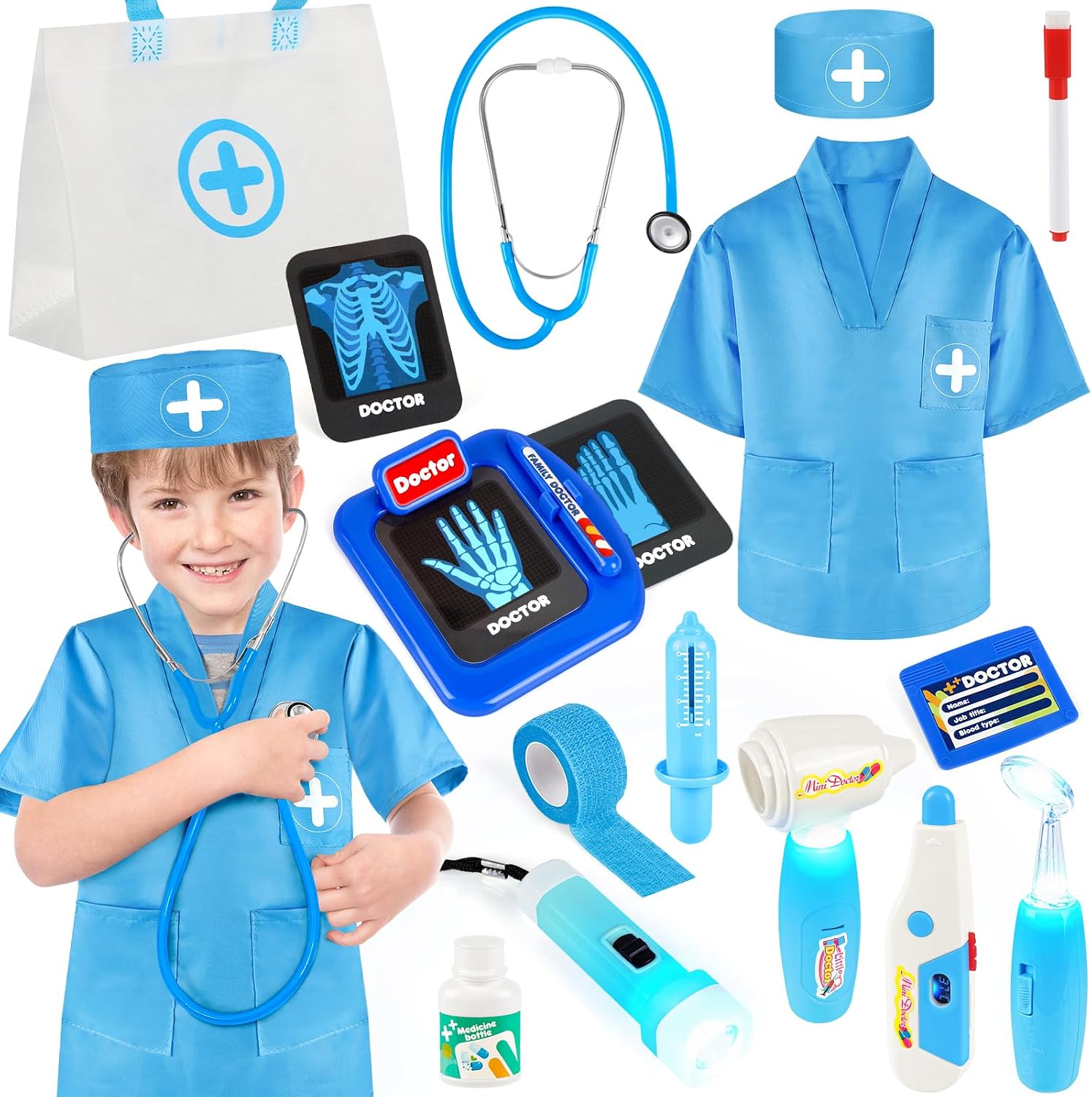 IVENRXIU Doctor Kit for Kids 3-5,17 Pcs Doctor Set with Bag and Costume | Medical Play Set with Real Stethoscope,Oral Mirror,Pretend Play Toys for Boys and Girls,Halloween Christmas Birthday Gifts