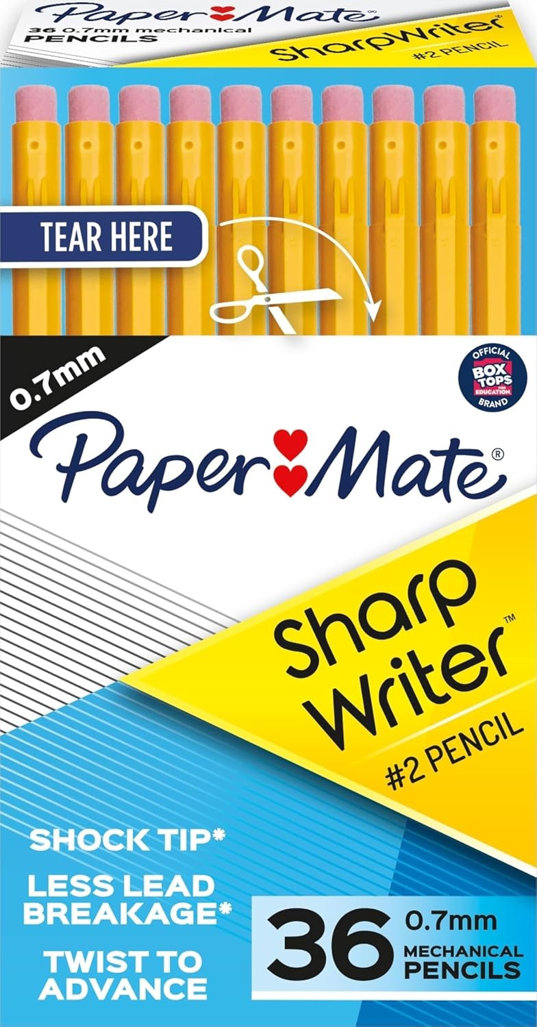 Paper Mate SharpWriter Mechanical Pencils, 0.7 mm #2 Pencil Lead, Yellow, 36 Count – Back to School Supplies