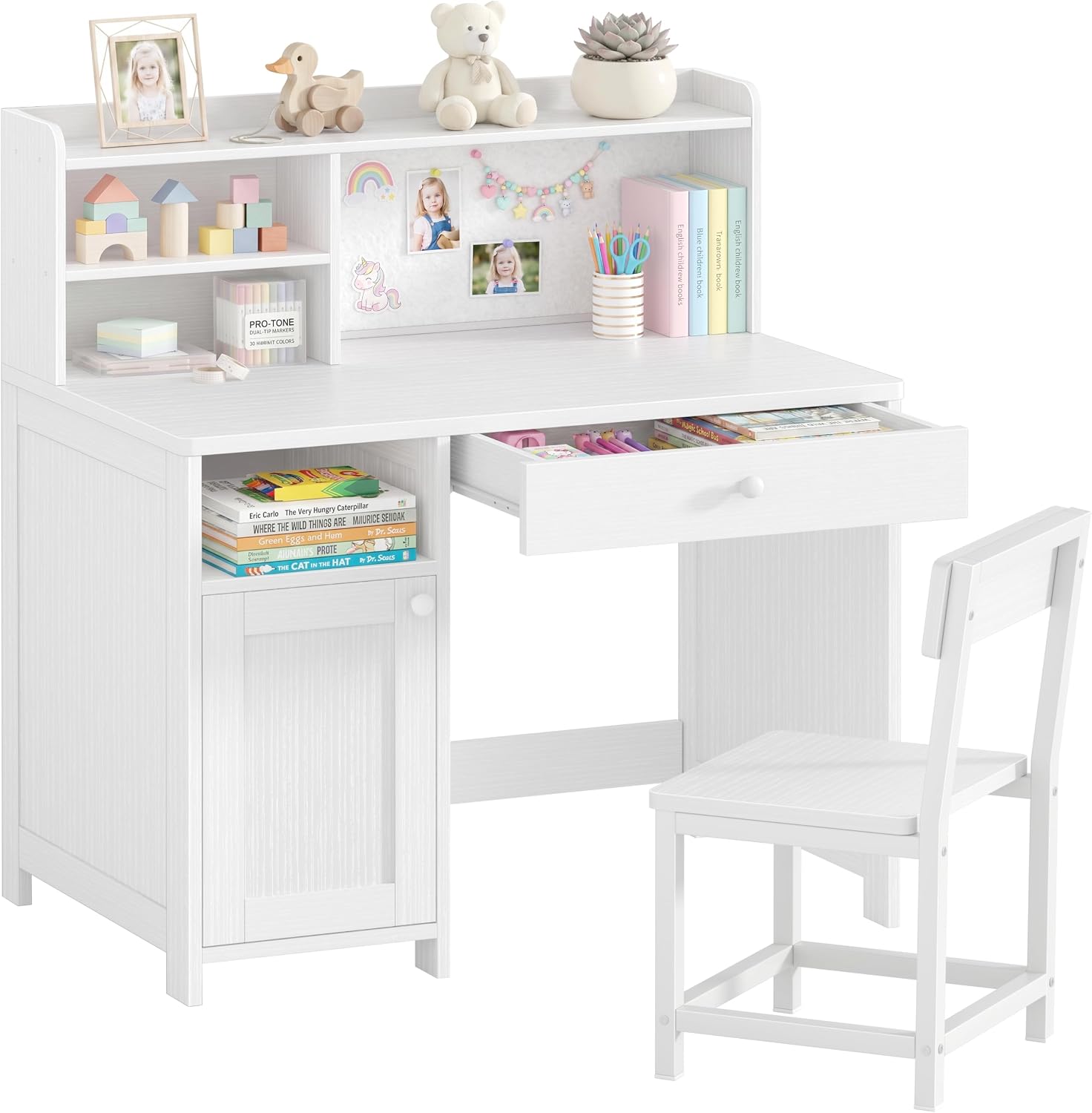 BOLUO Wooden Kids Desk with Storage,White Kids Desk and Chair Set for 8-10 Year Old, Children Study Desk with Drawer and Cabinet Girls Boys