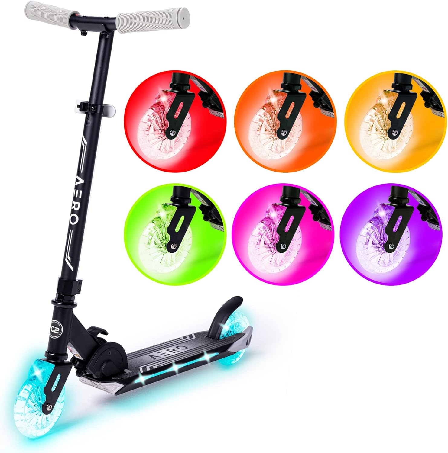 AERO MOBILITY Two-Wheel Kick Scooter for Kids 5-8 with Dynamic RGB Lights | Light Up Wheels | Hand Controlled Brake | Shock Absorption | Foldable & Height Adjustable, 110lbs Max