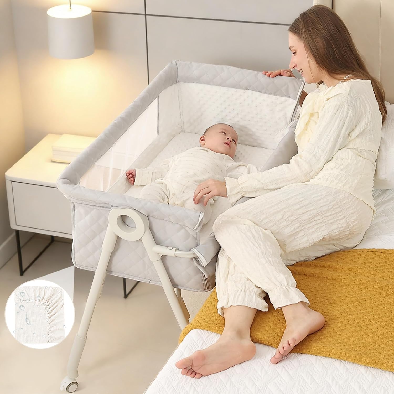 Baby Bassinet Bedside Sleeper – Height Adjustable Bassinet with Crib Sheet | Easy to Clean, Stable Bedside Crib with Wheels, Carry Bag and Comfy Mattress, Grey Bassinet for Infant/Newborn, MinoBub