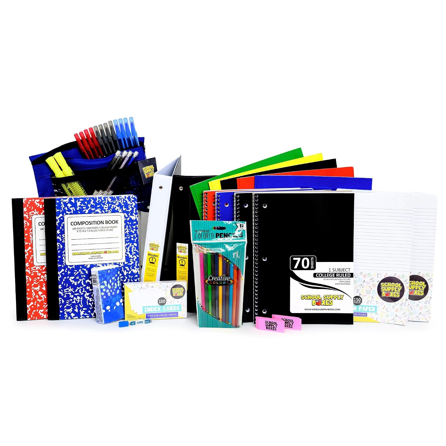 Secondary School Essentials Bundle | 1 Box – 51 Pieces per Box | School Supply Boxes – Back to School Essentials Includes Folders, Notebooks, 1″ Binder, Mechanical Pencils, Index Cards, Highlighters, & Pens