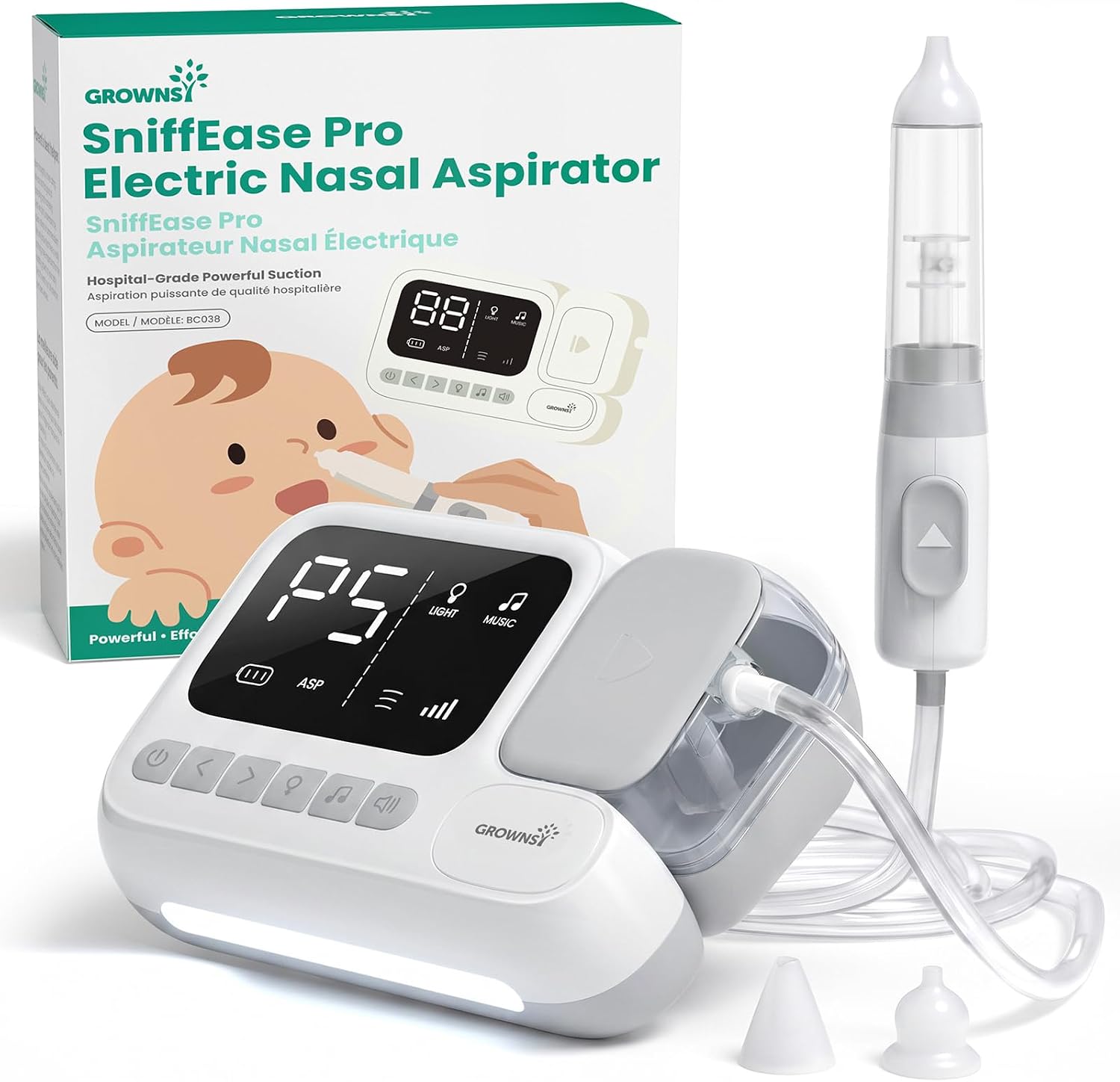GROWNSY Electric Nasal Aspirator for Baby with Hospital Grade Suction | Baby Nose Sucker with One-Touch Boost Mode, 70ml Large Chamber, Smart Soothing System 18 Sounds & 4-Mode Light for Toddler