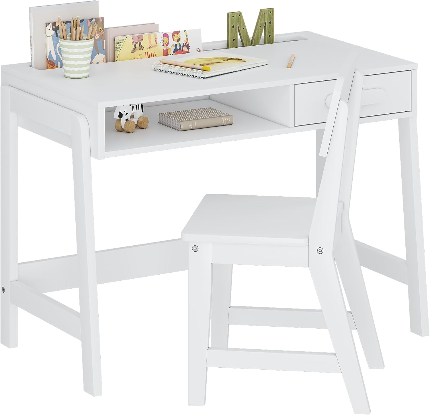 UTEX Wooden Kids Desk and Chair Set with Open Storage & 1 Drawer | Kids Study Desk with Tabletop Organizer, Solid Wood Legs, Ergonomic Chair, Water-based Paint, Extended Desktop For Study Room