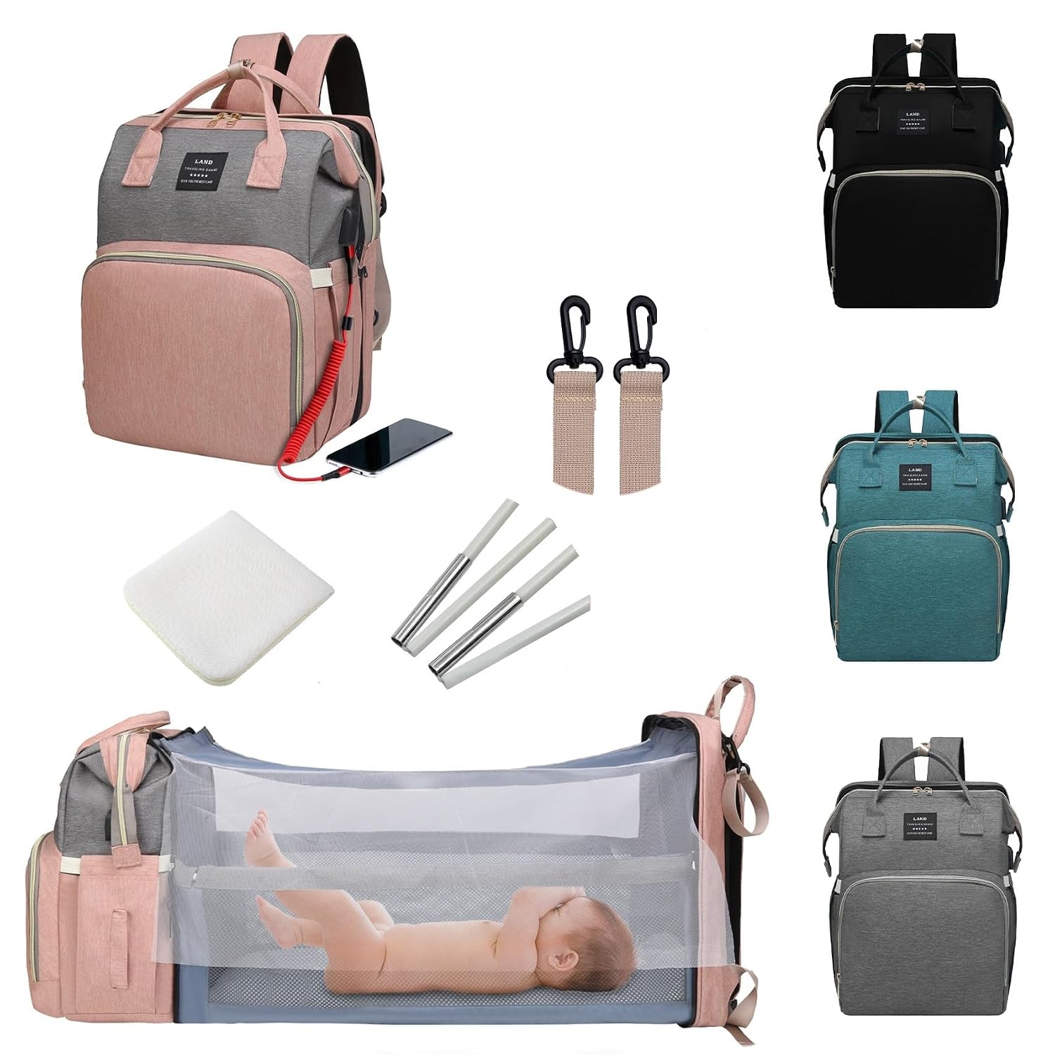 ANWTOTU Baby Diaper Bags Backpack with Changing Station(Pink-Grey) | Waterproof Diaper Bag Backpack for Moms Dads with USB Charging Port,Large Capacity Multifunctional Baby Essentials