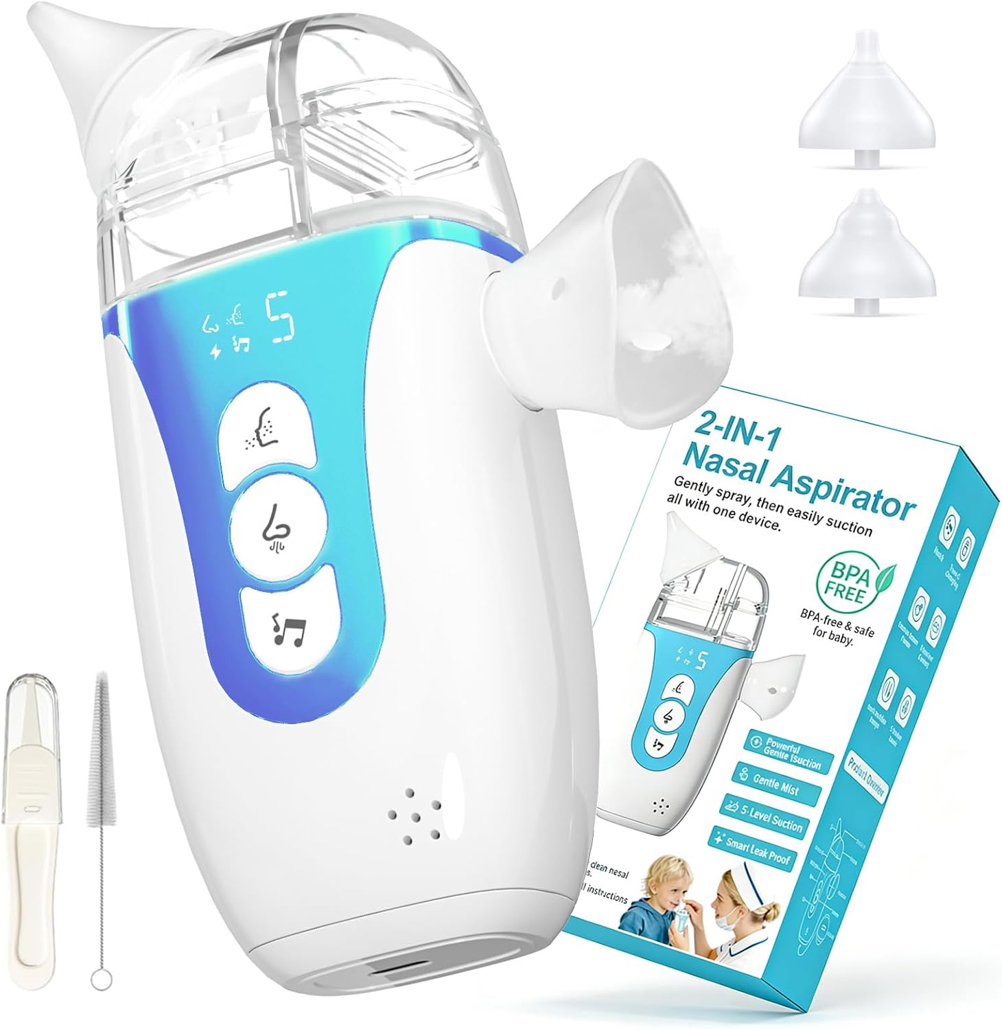Nasal Aspirator for Baby,2-in-1 Electric Nose Sucker for Toddler with Spray | Baby Nose Cleaner,Up to 70kPa with 5 Levels,Auto Leak Control,3 BPA-Free Silicone Tips,Quiet & Portable Nose Cleaner (Blue)