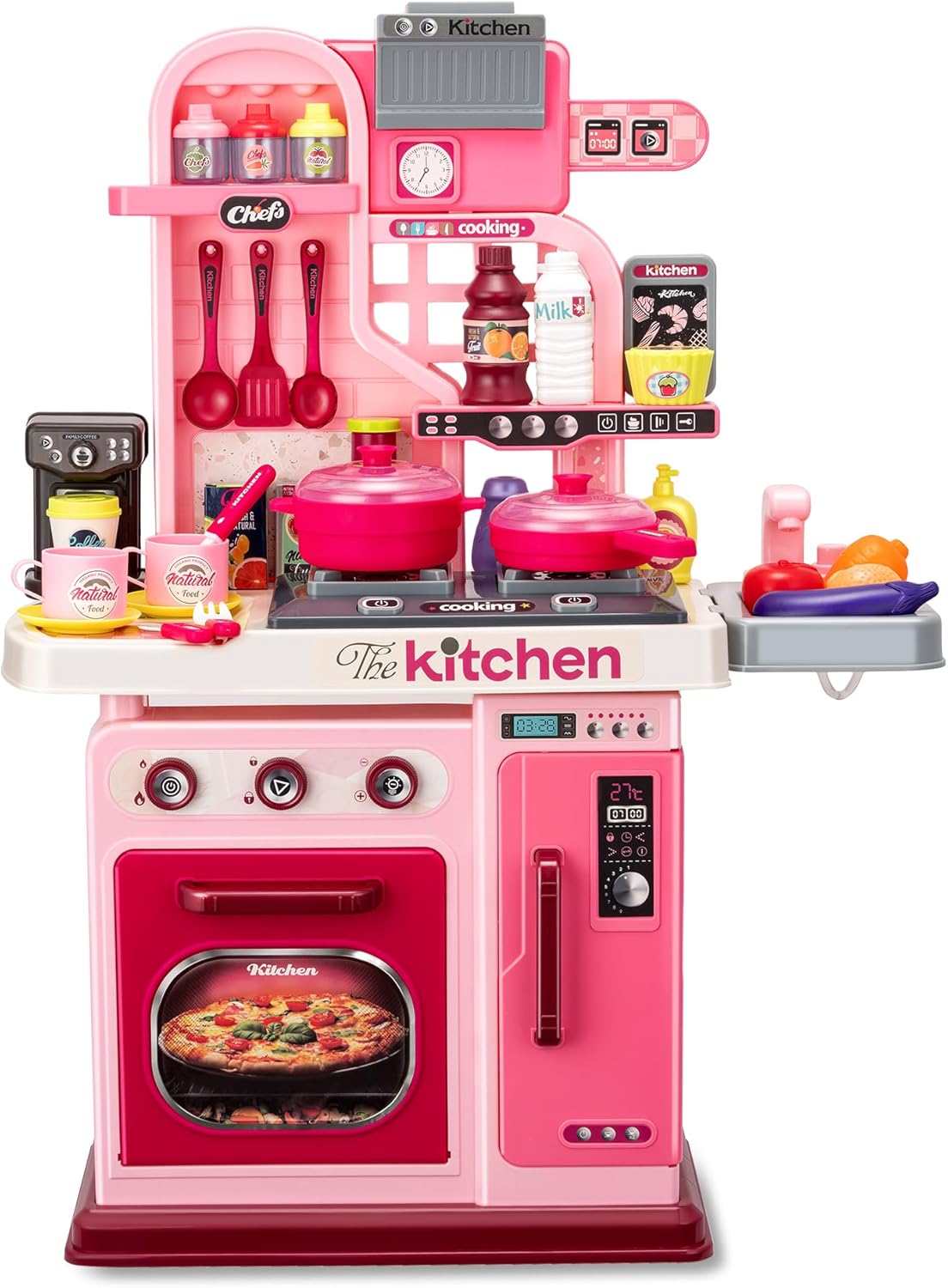 Kids Kitchen Playset,Cooking Stove,Play Sink,Oven,Lights & Sounds,Ages 3+ | Pretend Play Toys-53pcs with Simulate Spray Effect,Kitchen Toys for Boy and Girls 3+ Years Old (Pink)