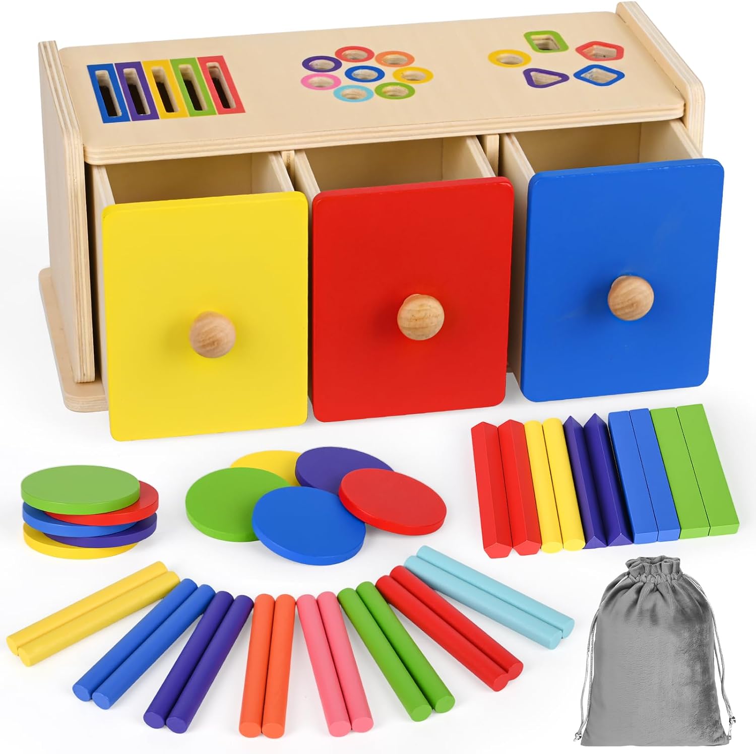 Wooden Montessori Toys for 1+ Year Old, Fine Motor Skills Sensory Preschool Learning Educational Toys, 3 in 1 Color Sorting Drawer Box Toddler Gifts for Boys & Girls 12-36 Months