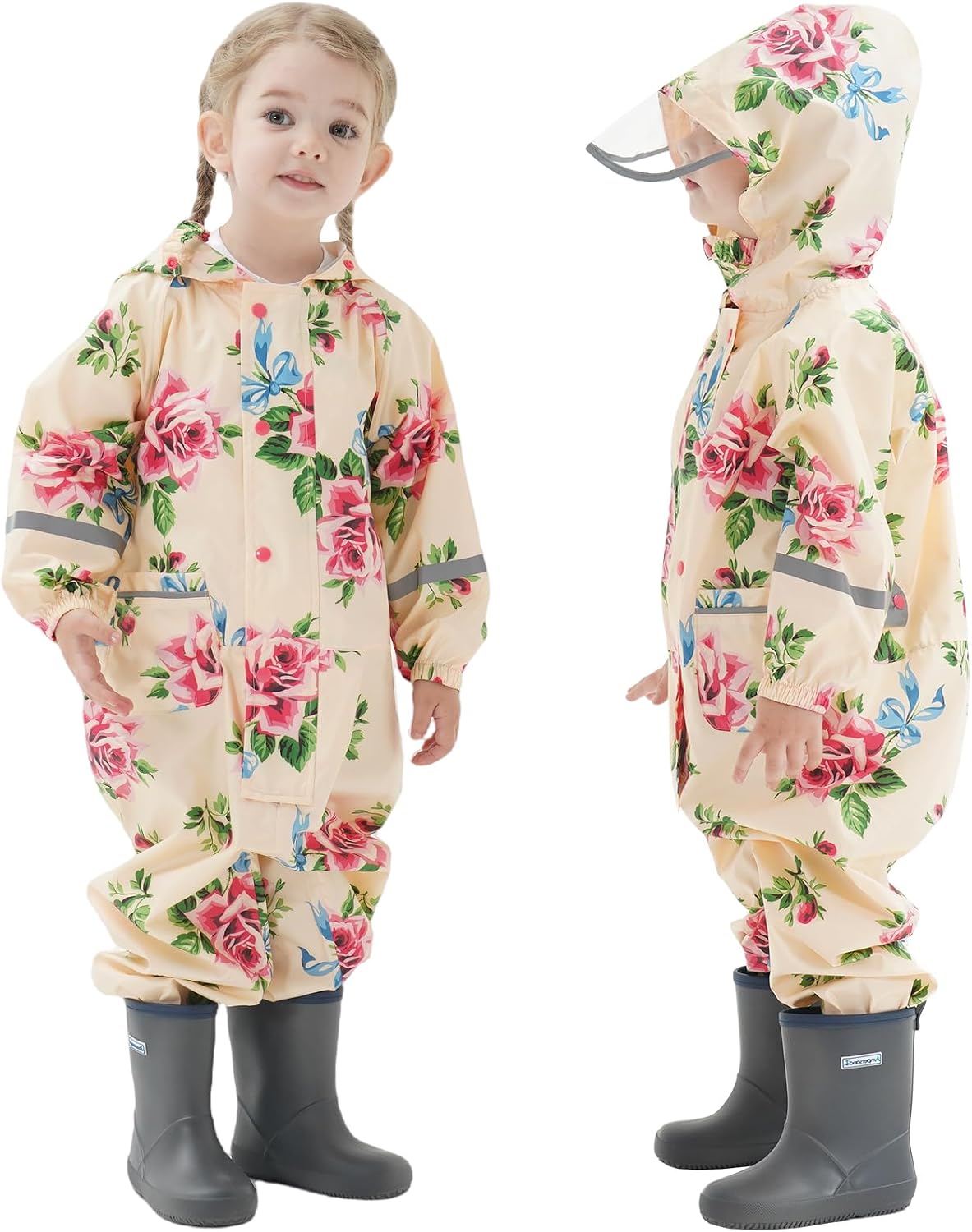 Toddler Kids Rain Suit Girls Boys One Piece Raincoat Waterproof Coverall Lightweight Rainwear Rain Jacket 1-10 Years