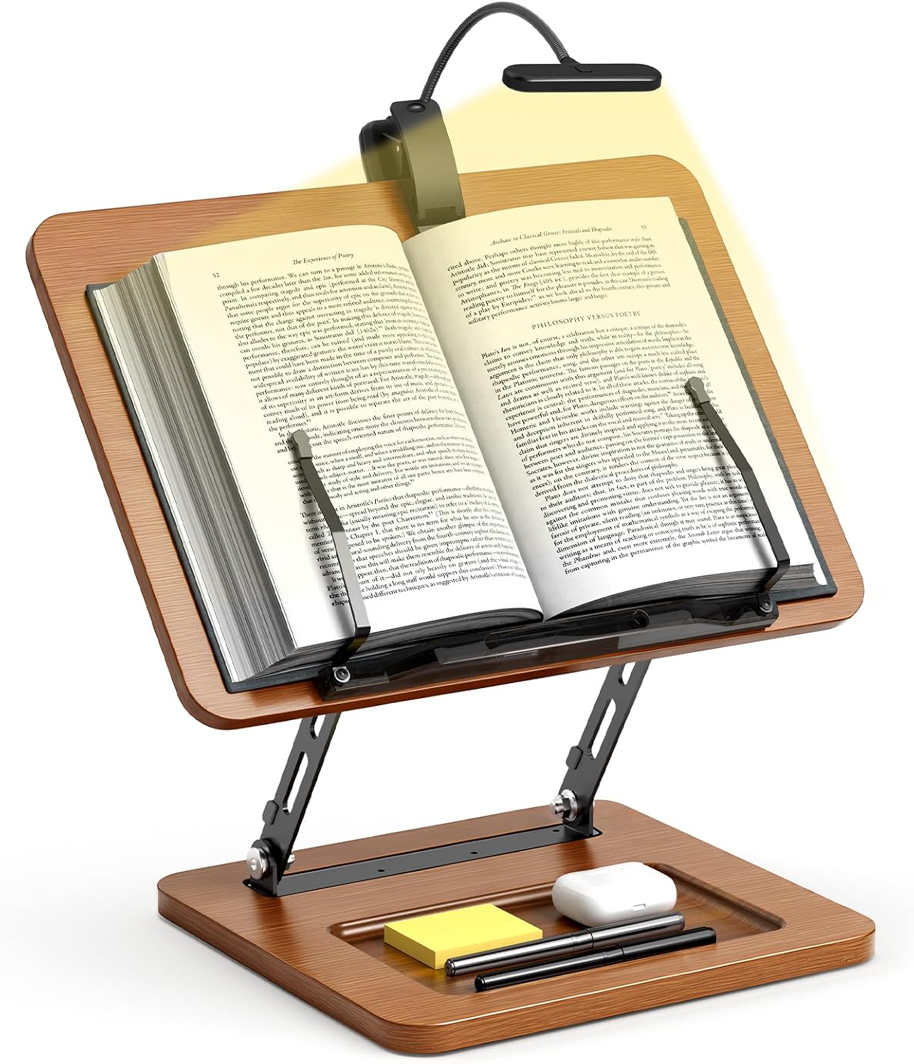 OPTIXCELL Book Stand with Light, Hands Free Book Holder, Gifts Book Lovers | Hands Free, Adjustable Height Angle, Built-in Storage Tray, 3-Mode Reading Light, Foldable Metal Frame, Fits Cookbook Tablet