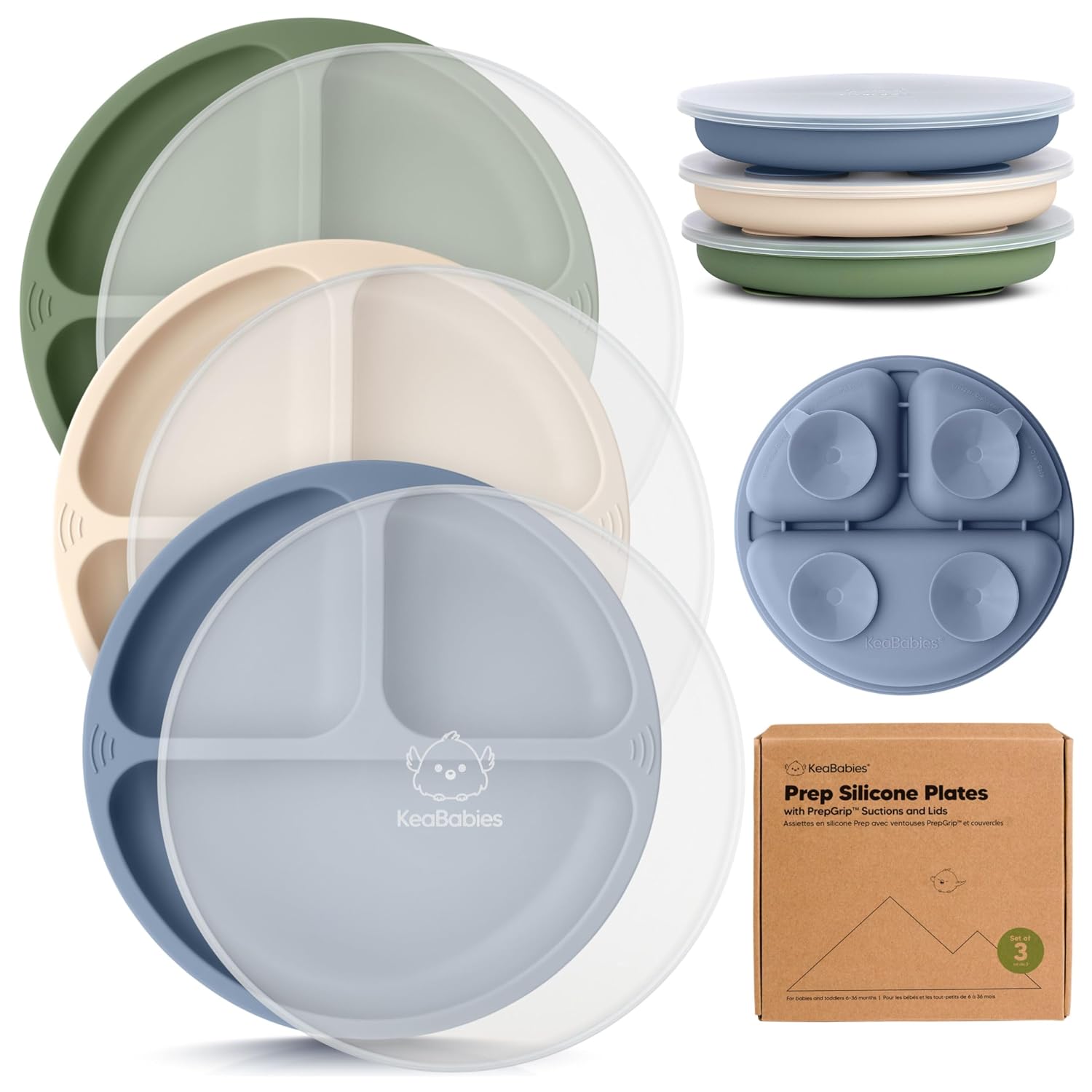 KeaBabies Suction Plates with Lids for Baby, 3-Pack, 100% Silicone (Slate) | Silicone Toddler Plates with Suction, Divided, Kids Baby Led Weaning Essentials, Dishwasher Safe, Microwave Safe, BPA-Free