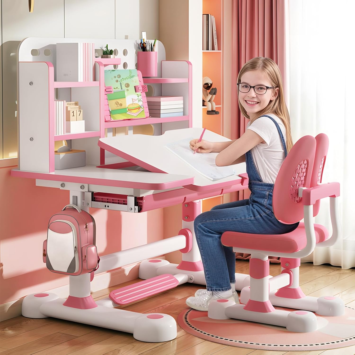 Kids Study Desk And Chair Set, Height Adjustable Children’s Study Desk And Chair Set Toddler Learning Table and Stool Set with Bookshelf Storage Drawer 50-Degree Tiltable Desktop for Bedroom Pink