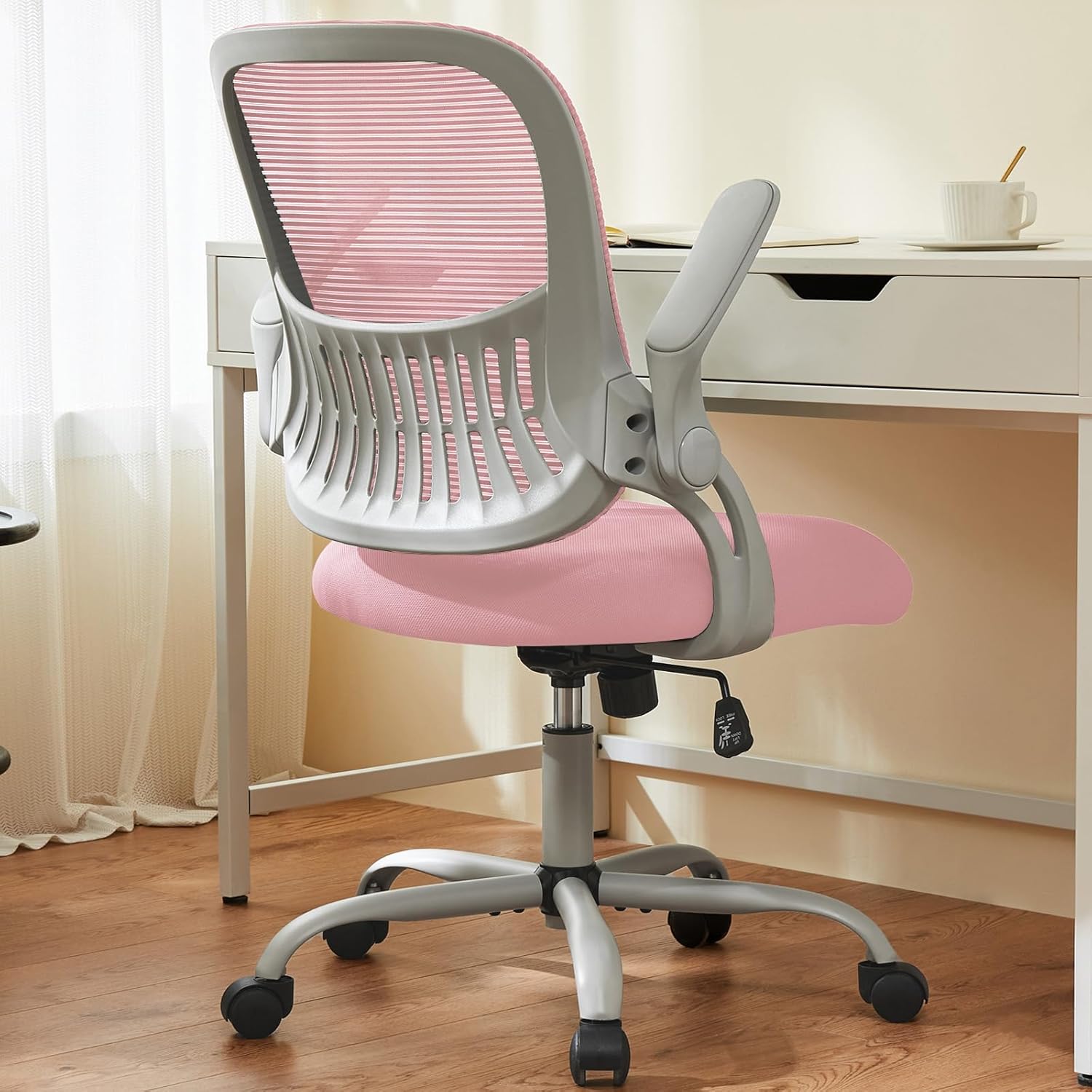 Sweetcrispy Ergonomic Home Office Chair, Computer Desk Chair | Comfy Lumbar Support, Mid-Back Mesh, 360° Swivel, Flip-up Arms Rolling Work, Student Study, Pink