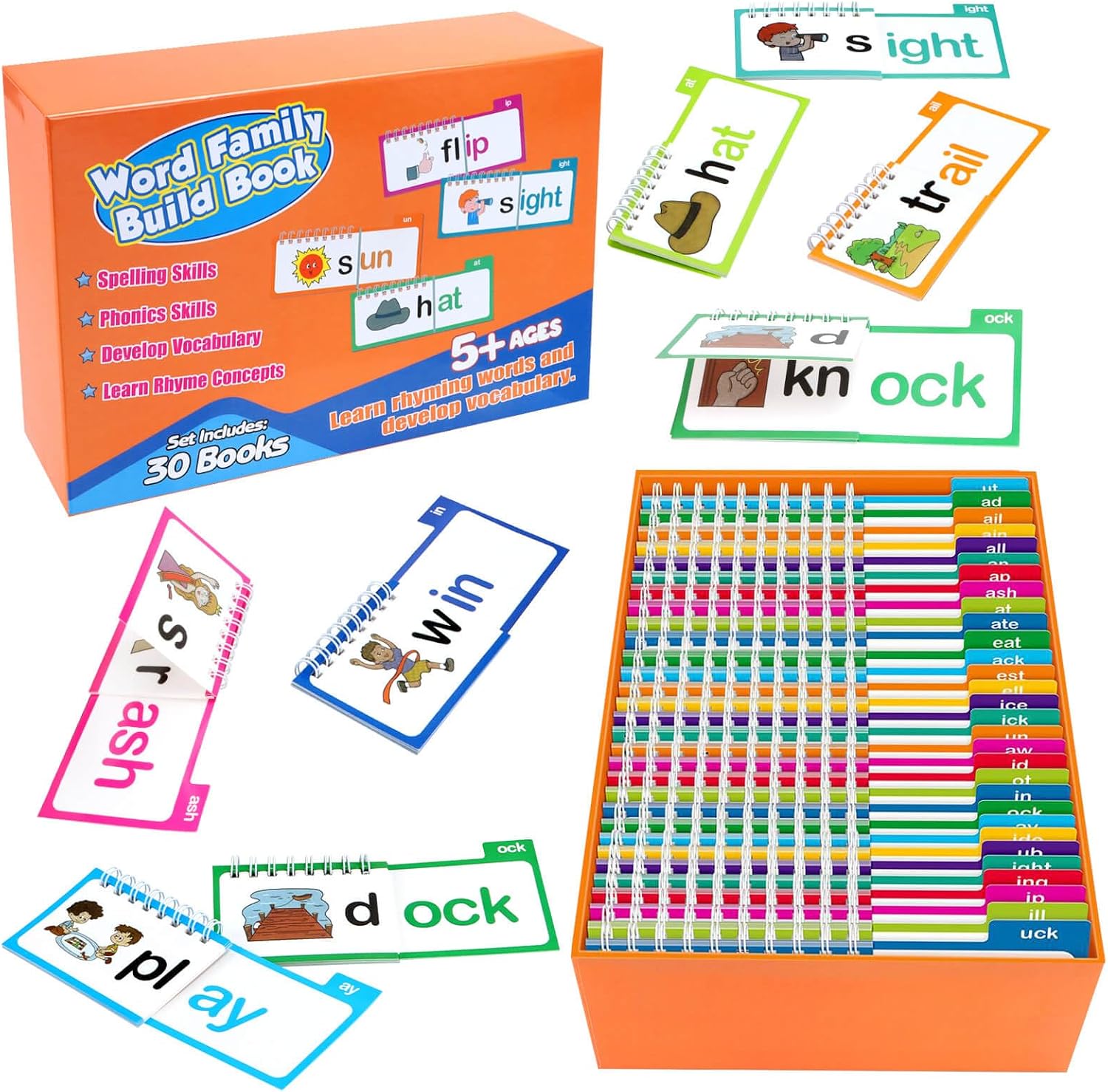 Dolanus 30 Read and Rhyme Flip Books, Word Family Vocabulary Flashcards | ABC Kindergarten Sight Word – Learn to Read Phonics Flash Cards Activity Games, Toys for Kids Ages 3-8 Years Old