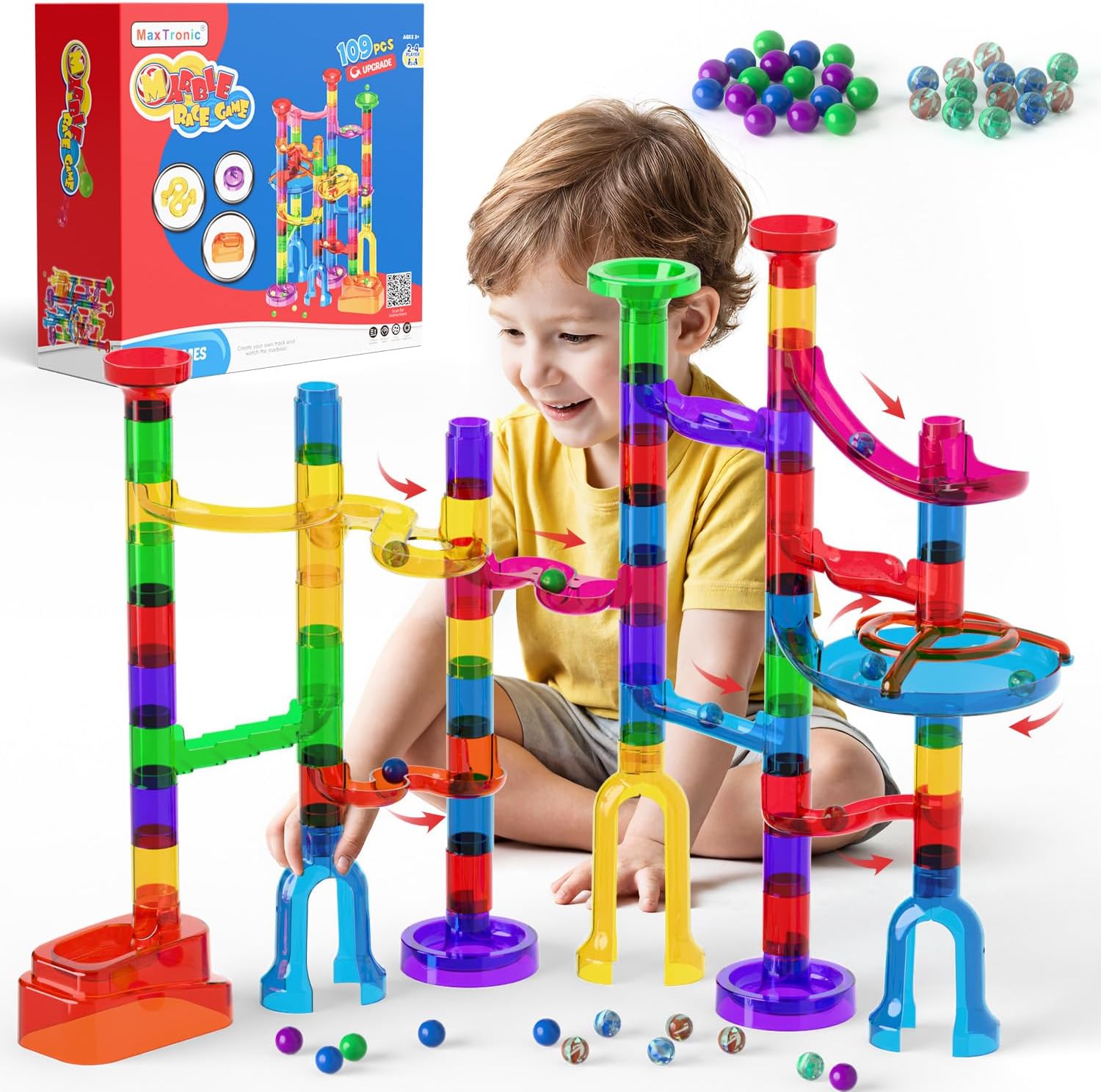MaxTronic Marble Run Kit for Kids,Upgrade Marble Maze Kit 16mm Marbles 109pcs Building Blocks STEM Learning Toys Christmas Birthday Gift for Kids Aged 3-12