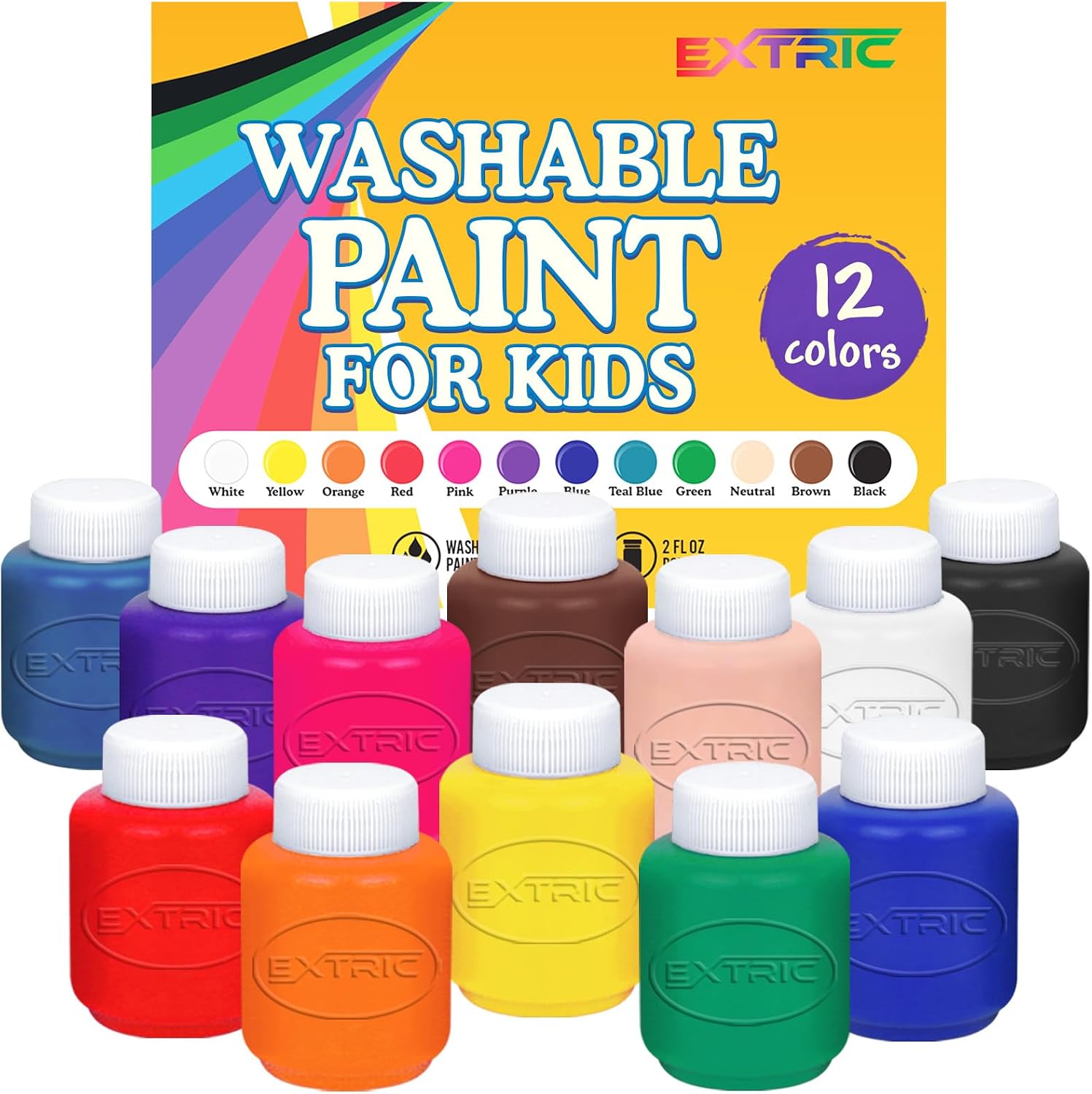 EXTRIC Washable Paint for Kids 12 PK Tempera Finger Paints 2oz Bottles | Non-Toxic 12 Colors Washable Tempera Paints, 2 oz Bottles Ideal for Toddlers and Kid Art Supplies and School Projects