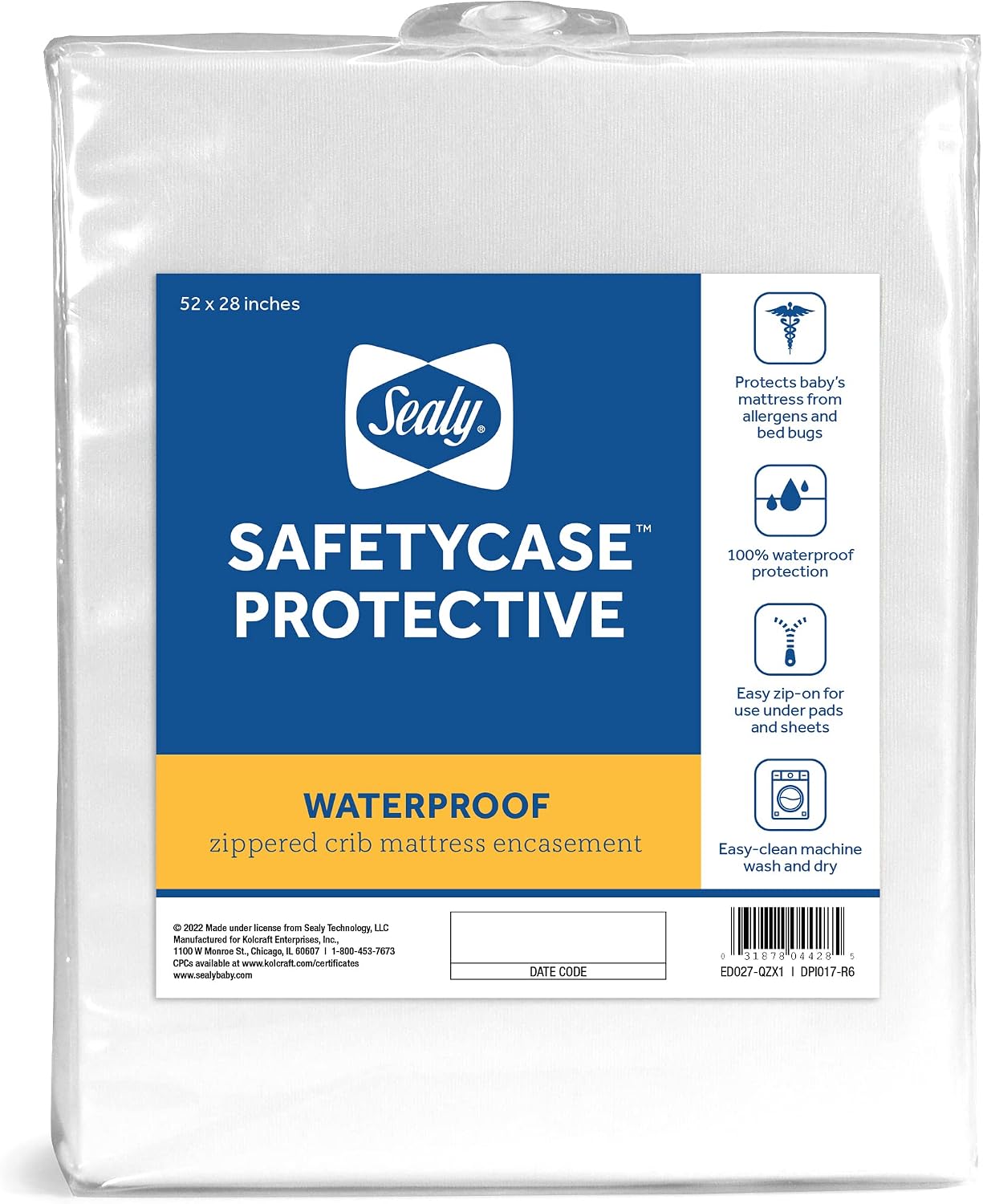 Sealy Baby SafetyCase Breathable Waterproof Crib Mattress Protector Pad, Toddler Bed Cover, Zippered Bedding Encasement, Noiseless, Machine Washable / Dryer Friendly, 52×28” – White