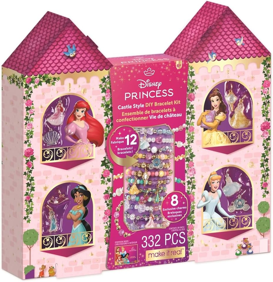 Make It Real: Disney Princess: Castle Style DIY Bracelet Kit – 332 pcs Jewelry Set, Create 12 Bracelets, 8 Exclusive Charms, Girls & Kids Ages 6+