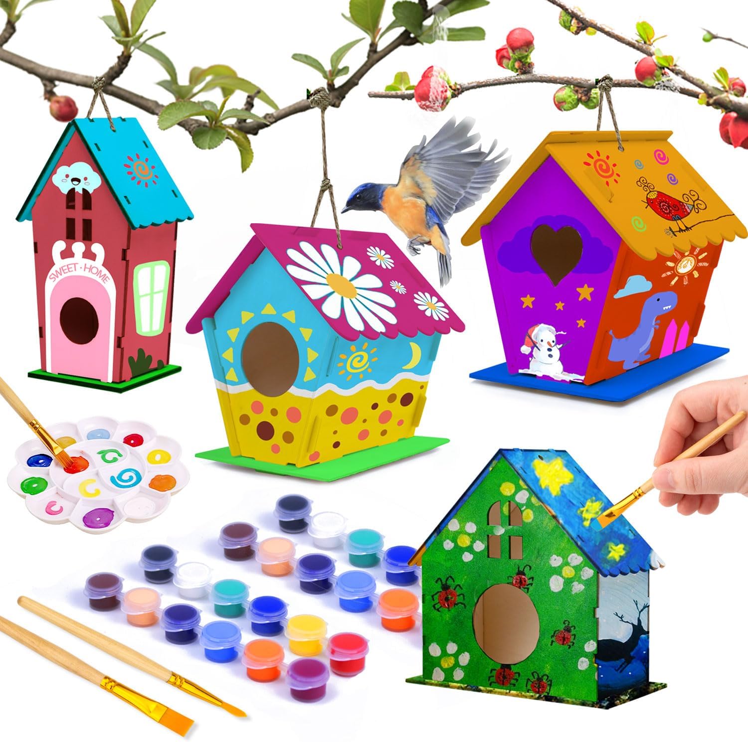 hapray 4 Pack Bird House Craft Kit, DIY Birdhouse for Kids to Build & Paint