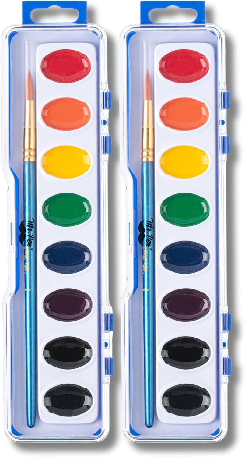 Mr. Pen- Washable Watercolors, 2 Pack, 8 Colors with Paint Brush | Safe & Non-toxic, Water Color Painting Kids, Watercolor Paint Set for Kids and Adults, Children, Students & Beginners
