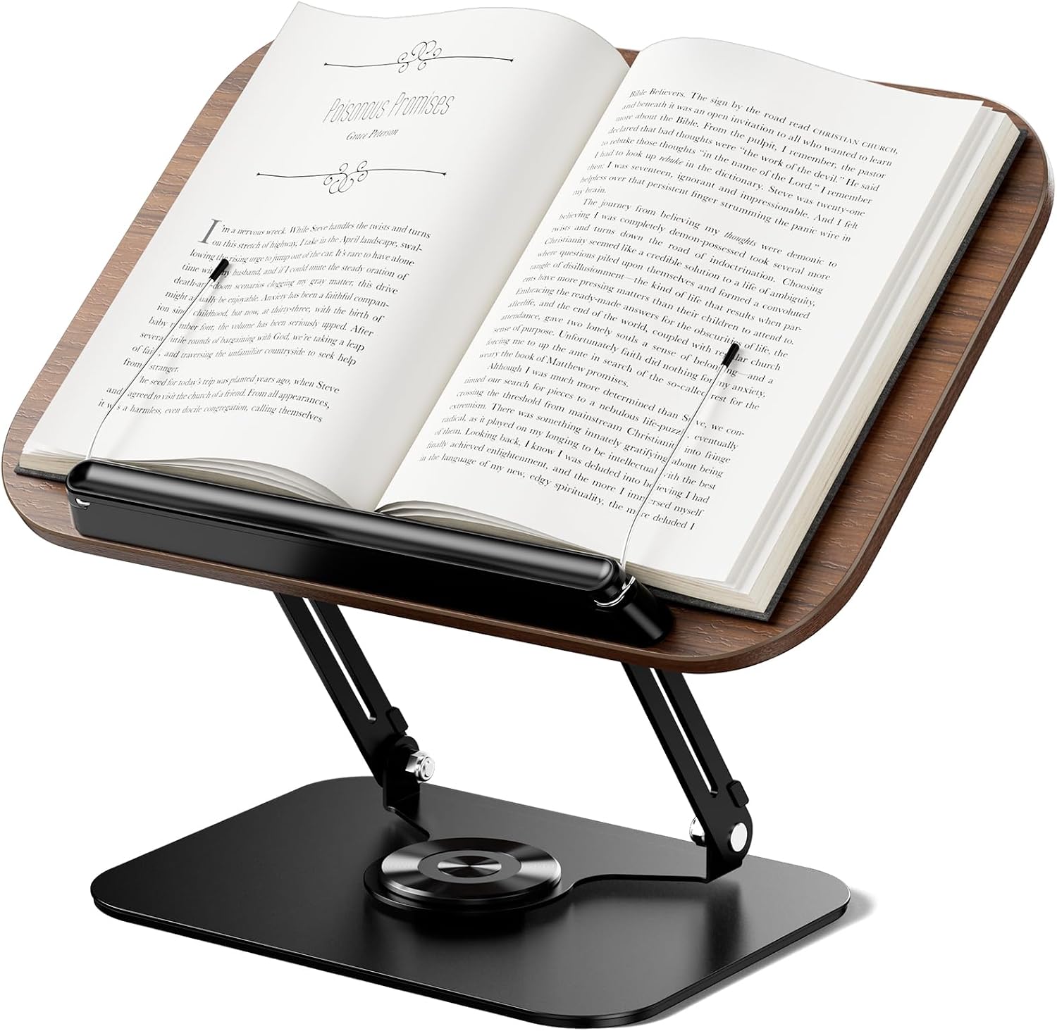 Book Stand for Reading, Adjustable Book Holder with 360° Rotating Base Foldable & Portable Cookbook Stand with Elastic Page Clip for Kindle Office Kitchen Recipe School Textbook Magazine Tablet Laptop