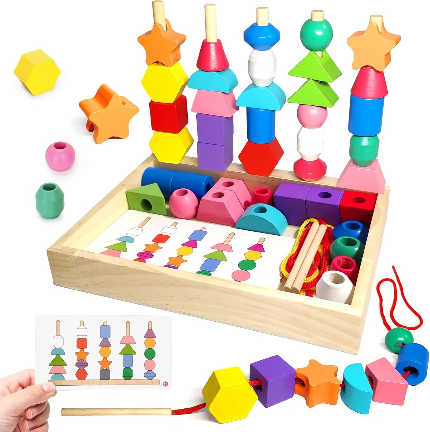 Montessori Wooden Beads Sequencing Toy Set, Sorting Stacking Blocks & Lacing Beads & Shape Matching Stacker for 2 3 4 5 Years Kids Preschool Learning Fine Motor Skills Toys Gifts for Toddler Boy Girl