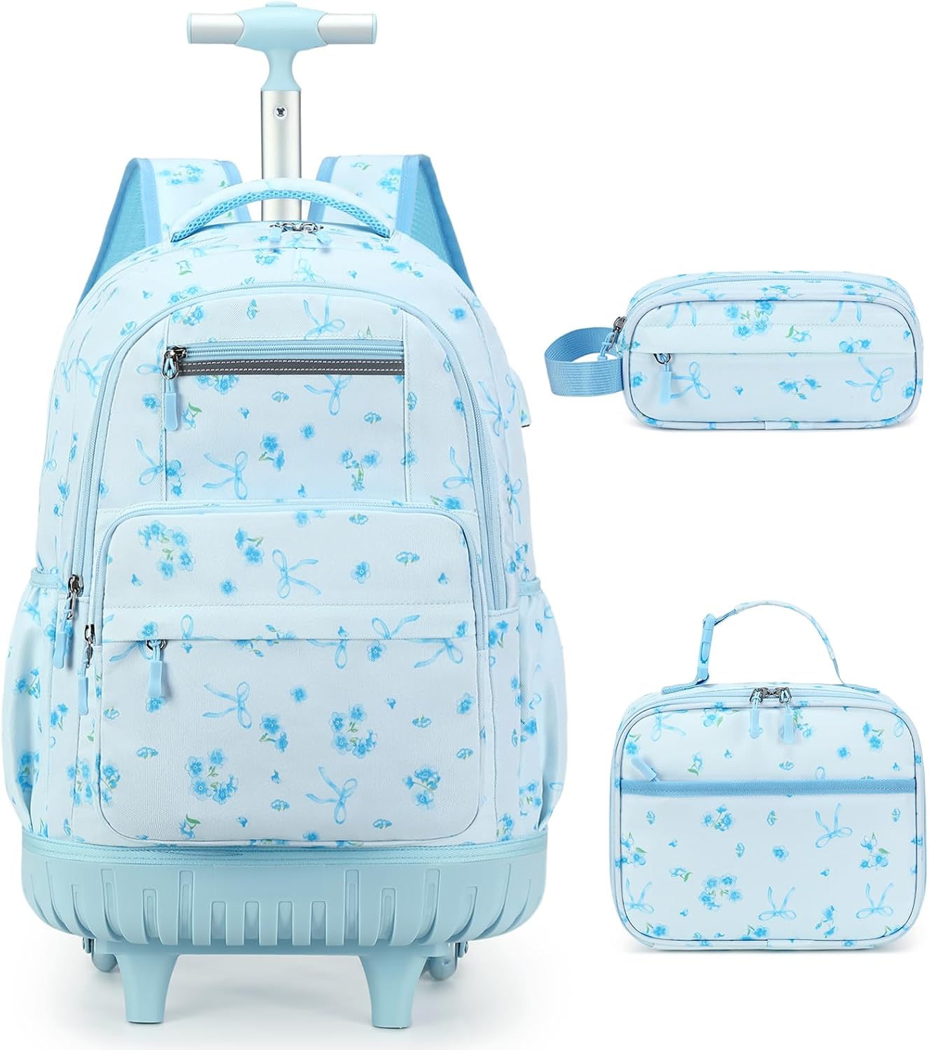 ACESAK Rolling Backpack for Girls – Roller Wheels School bag with Lunch Bag & Pencil Pouch for Teen Girls Kids Wheeled Suitcase Backpacks, Elementary Middle School Travel Daypack (Blue Bow)