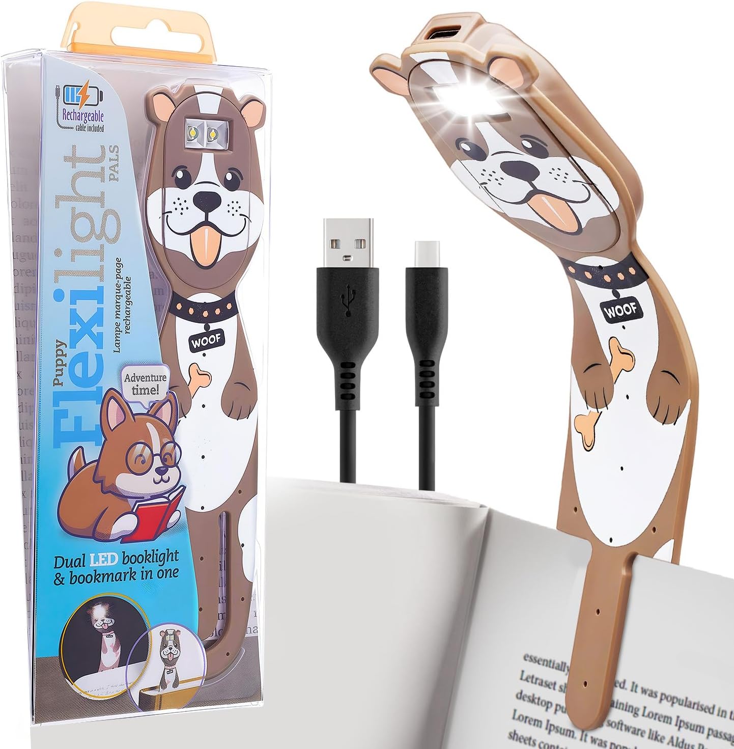 Gifts for Readers & Writers Rechargeable Book Light for Kids, Clip On Reading Light for Bed, 2in1 Flexilight Pals & Bookmark, 12 Hours of Light Once Charged, Includes USB Cable & 2 LED Lights, Dog