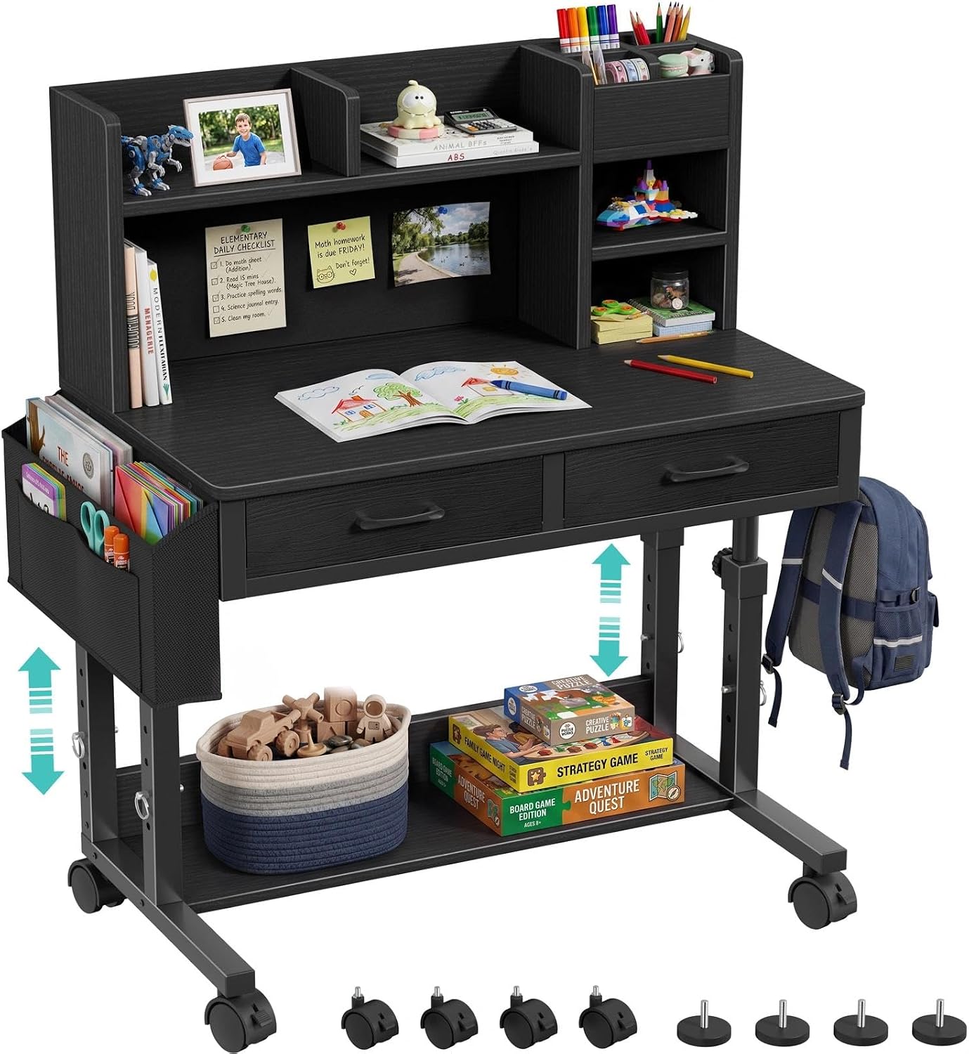 WINAZ Black Mobile Kids Desk – 32″ Height Adjustable Study Table with Hutch | Small Rolling Student PC Desk with Storage Shelves, Drawers, Felt Pin Board, Side Pocket & Backpack Hooks for Teen Bedroom