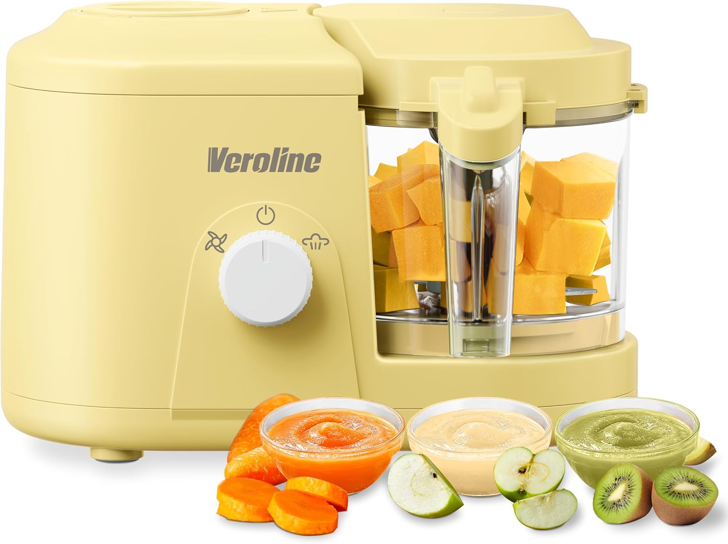Baby Food Maker, One Button Rotate Control Baby Food Processor, Baby Puree Maker with Steaming and Grinding Functions, Baby Food Steamer and Blender, Yellow
