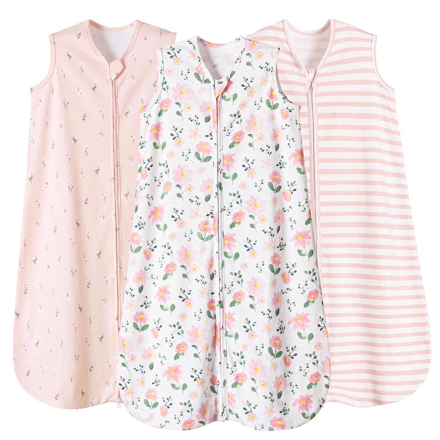 PHF 100% Organic Cotton Baby Sleep Sack 12-18 Months, Soft Lightweight Wearable Blanket for Babies, 2-Way Zipper 0.3 TOG Comfy Toddler Sleeping Sack 3 Pack for Boys Girls Neutral, Pink Floral (Large)
