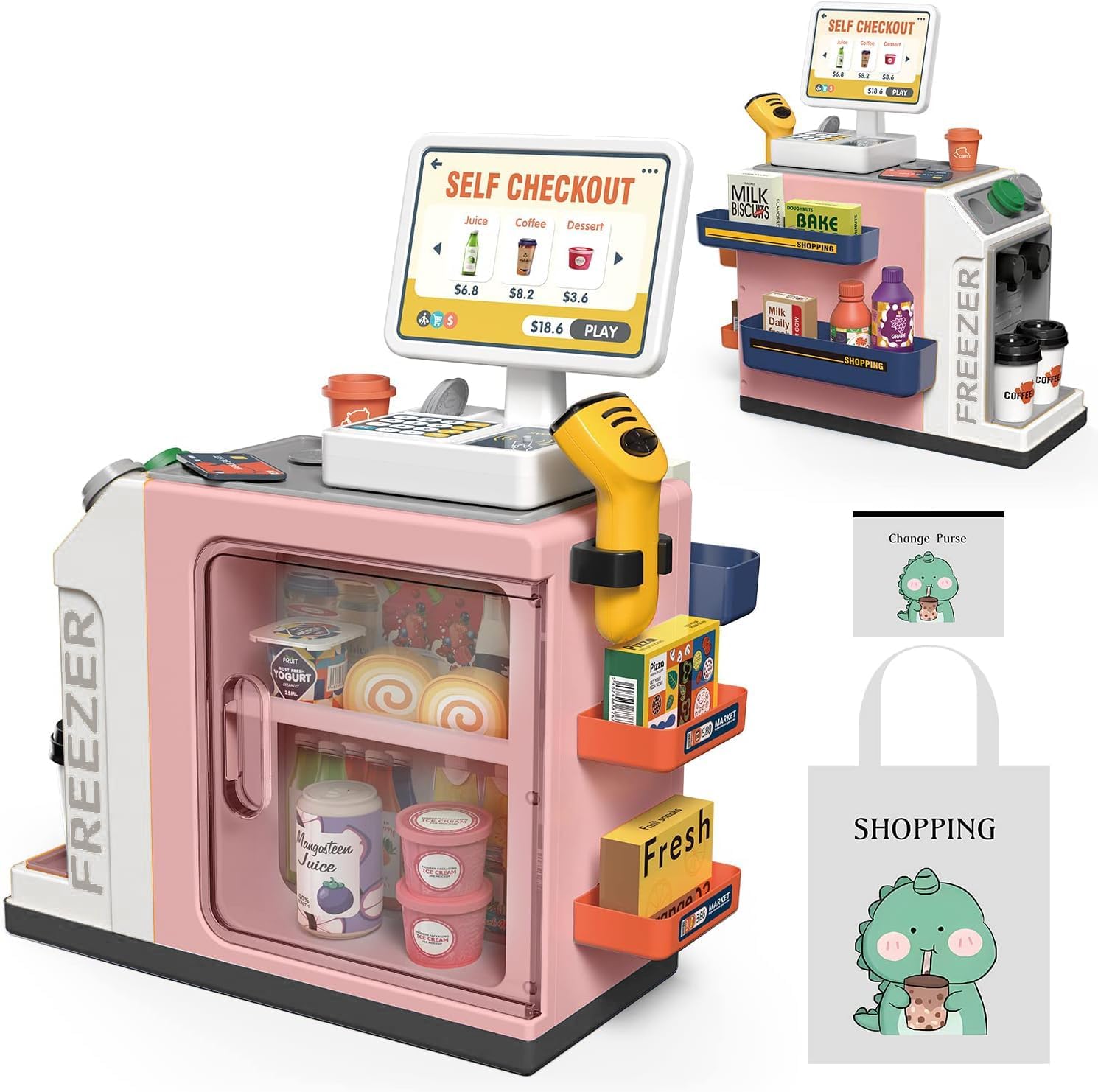 Kids Cash Register Playset,Coffee Machine & Calculator, Scanner,Ages 3+ | Toddlers Cash Register Playset,48PC Pretend Play Money,Play Food,Educational Role Play Birthday Gift For Boys & Girls Ages 3+