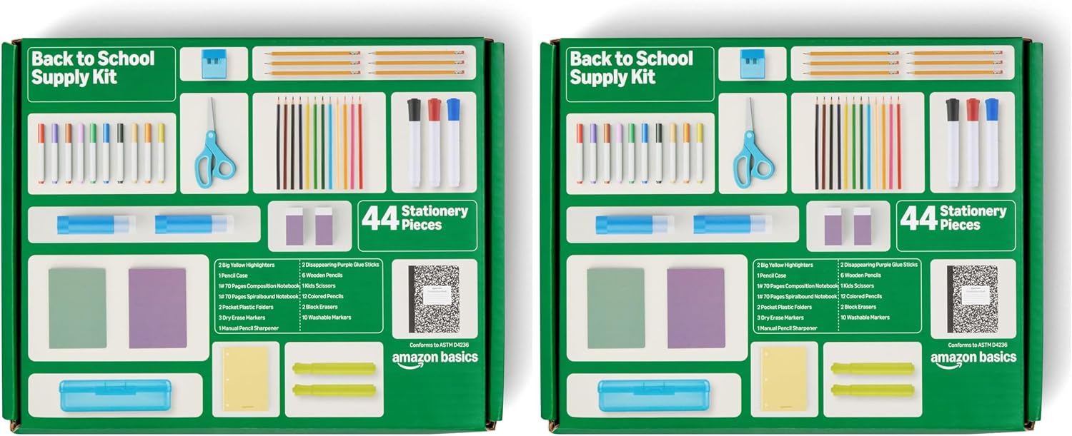 Amazon Basics 44-Piece School Supplies Student Success Kit – Complete School Supply Box with Study Essentials, Organization Tools & Classroom Basics, Multicolor (Pack of 2)