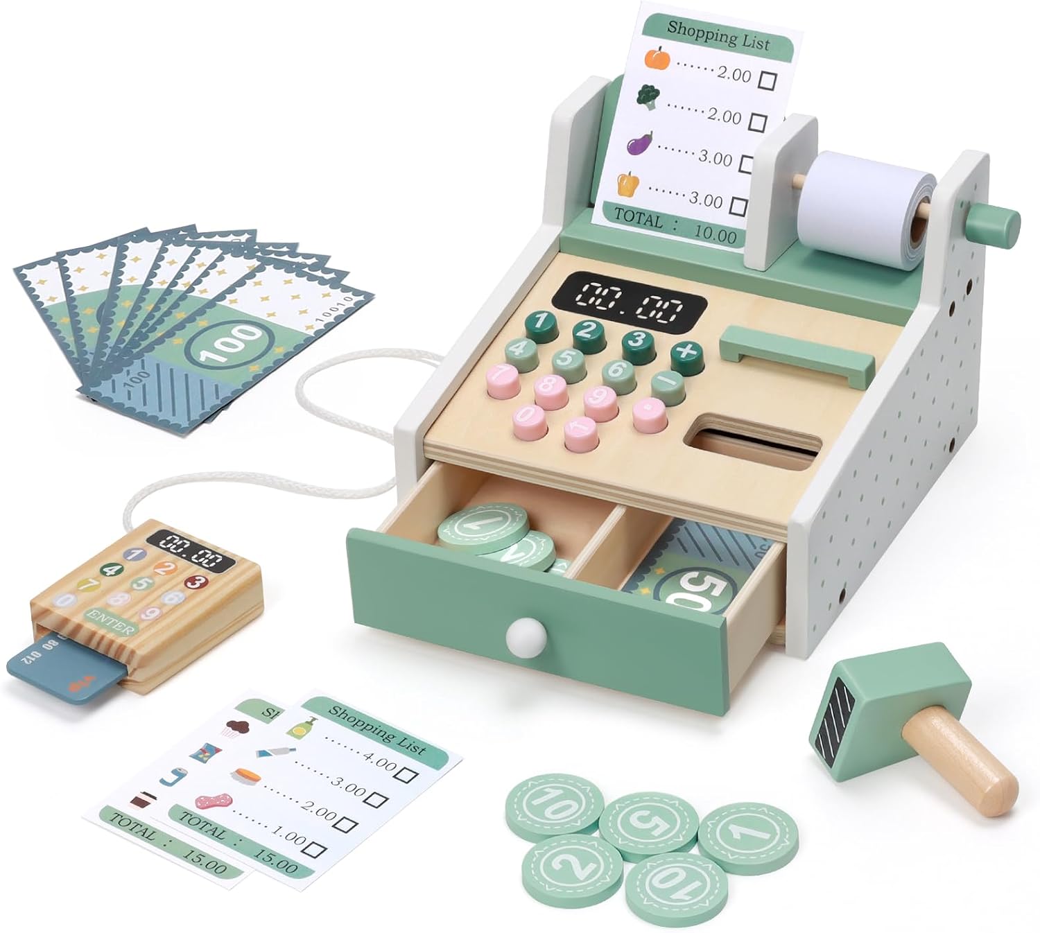 Wooden Toys for 2 3 4 Year Old, Toddler Educational Learning Resources Toys 2-3,Cash Register for Kids Play Money with Scanner.Montessori Toys Role Play Toys for 3-5 Year Old Birthday Gift