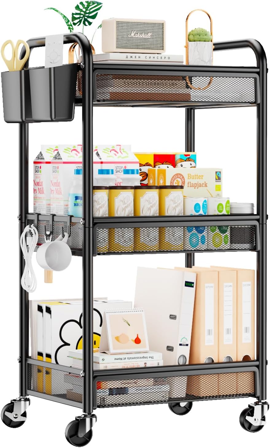 3 Tier Metal Rolling Cart, Black Utility Storage Cart with Wheels | Metal Mesh Craft Cart With Hooks & Hanging Cups, Ideal For Kitchen, Bathroom, Office, Dorm, Art Workspace, Bedside Storage