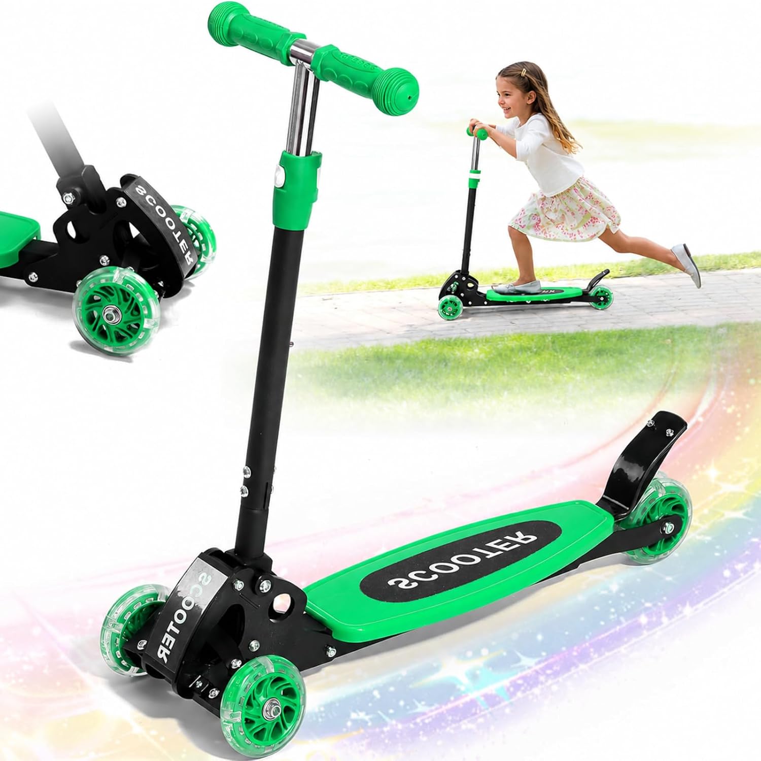 3 Wheel Kids Kick Scooter for Ages 3-12, Lean-to-Steer, Light-Up Wheels, 3-Level Adjustable Handlebar 27.5”-33”, Wide Non-Slip Deck, Dual Rear Brake,Travel Foldable, for Boys & Girls Toy Gifts