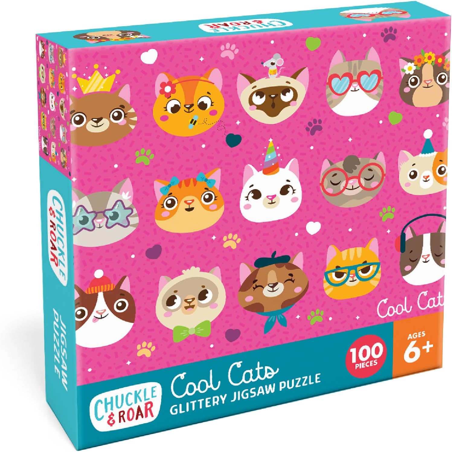 Chuckle & Roar Cool Cats, 100 Pc Jigsaw Puzzle, Puzzles for Kids Ages 6-8 | Glitter Accents, Poster Reference Guide, 11 x 15 in Finished Size, Fine Motor Skills, 100 Piece Puzzles for Kids Ages 6-8