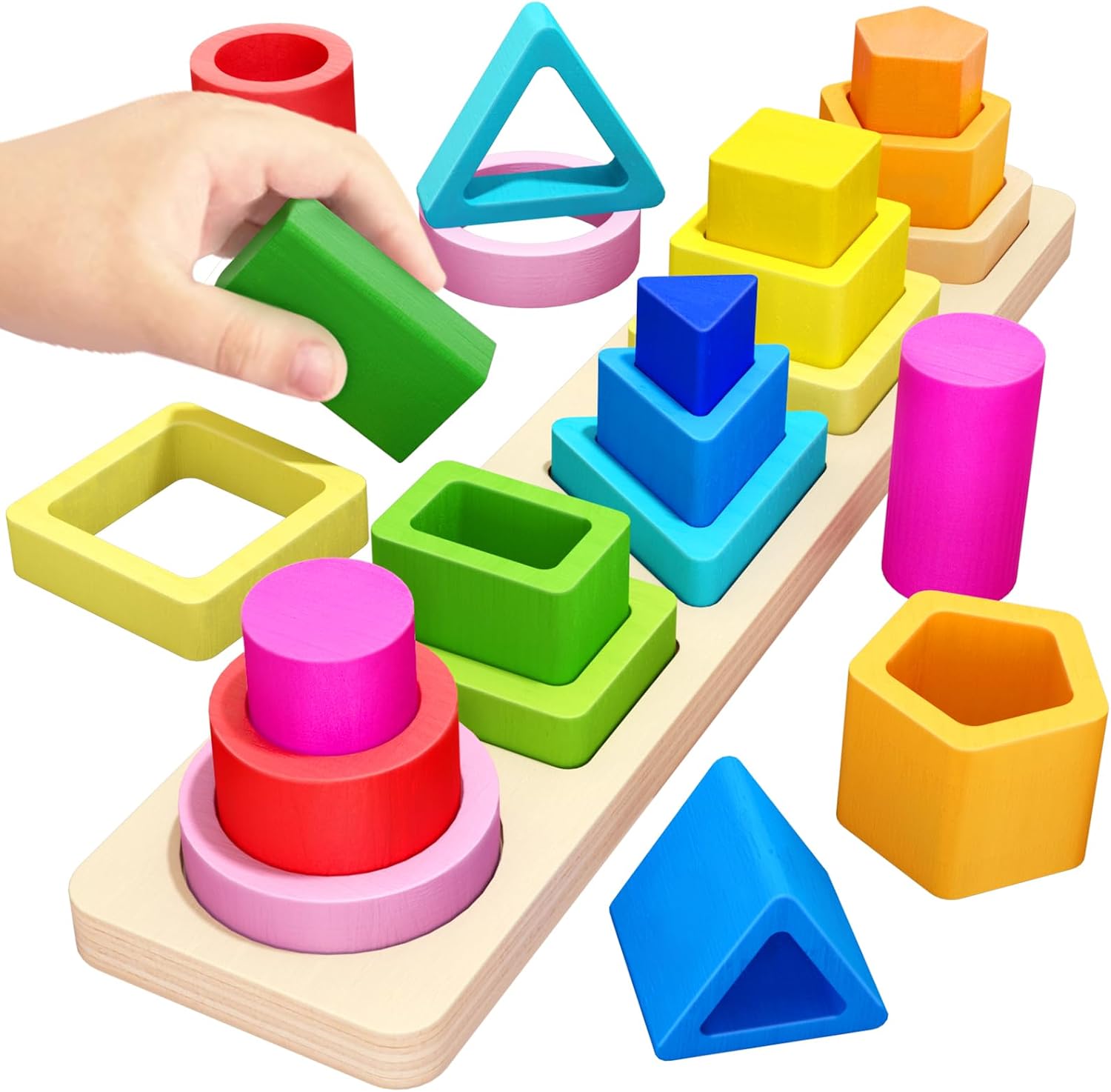PEBIRA Montessori Toys for 1 2 3 Year Old Boys Girls Toddlers, Heightened Peg-Free Wooden Stacking Toys, Shape Sorter Learning Toy, Birthday Gift for Baby Kid Age 1-4 Preschool Toy, Various Game Play | Heightened Sorting Stacking Toys, Birthday Gift for Baby Kid Age 18+ Month, Preschool Nested 3D Shape Sorter Learning Blocks